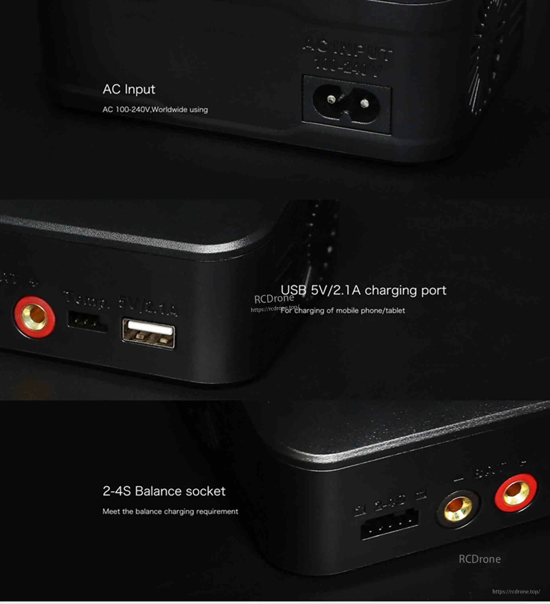 Ultra Power UP60AC 60W 6A AC Balance Charger, Worldwide 100-240V AC input, USB 5V/2.1A for devices, and 2-4S balance socket for battery charging.