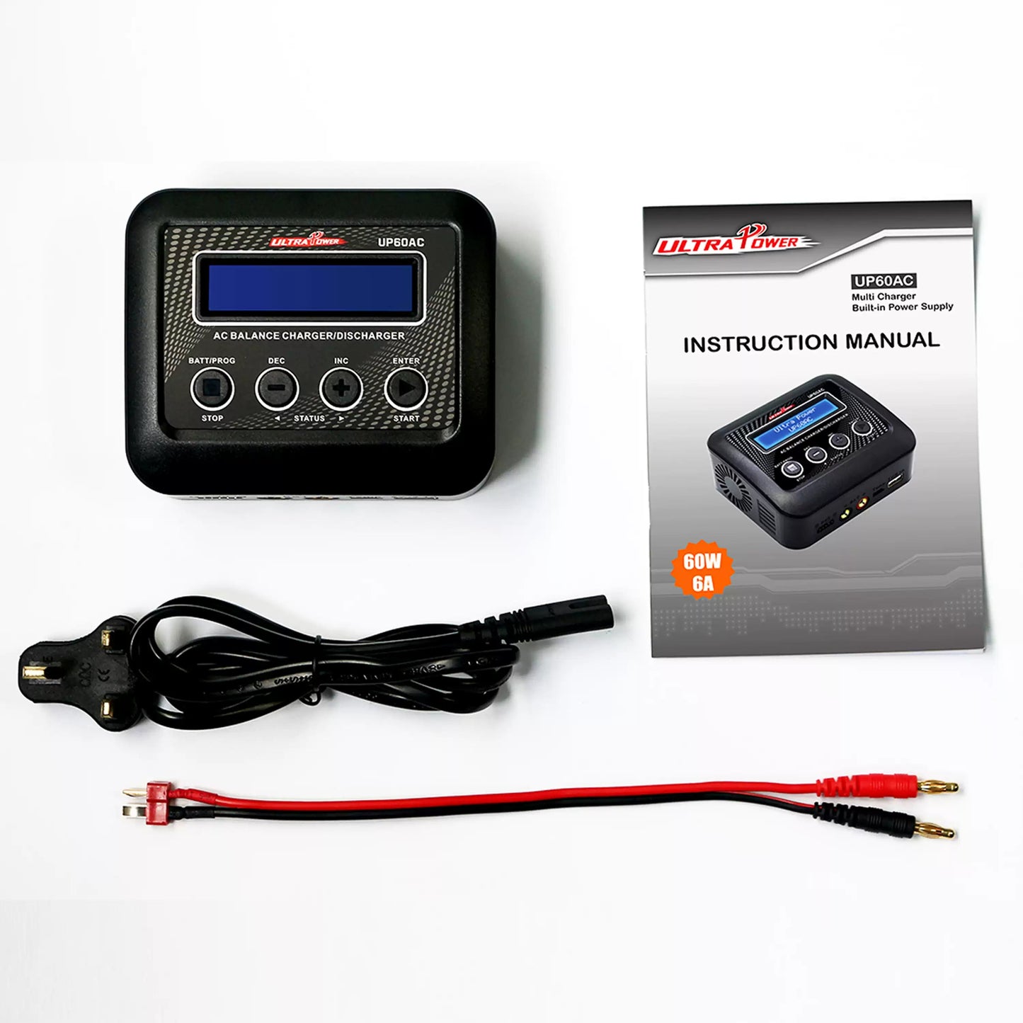 Ultra Power UP60AC 60W 6A AC Balance Charger, Ultra Power UP60AC 60W 6A AC balance charger/discharger for 2-4S lithium batteries, includes manual, power cord, and charging leads.