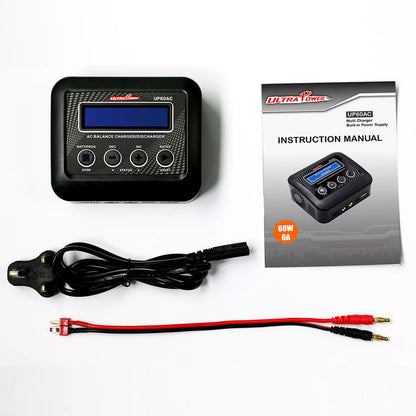 Ultra Power UP60AC 60W 6A AC Balance Charger, Ultra Power UP60AC 60W 6A AC balance charger/discharger for 2-4S lithium batteries, includes manual, power cord, and charging leads.