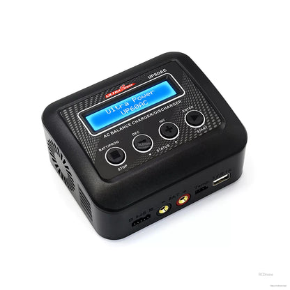 Ultra Power UP60AC 60W 6A AC Balance Charger, Ultra Power UP60AC 60W charger supports 2-4S Li-ion batteries, features USB, temp sensor, and intuitive button controls for balanced charging and discharging.
