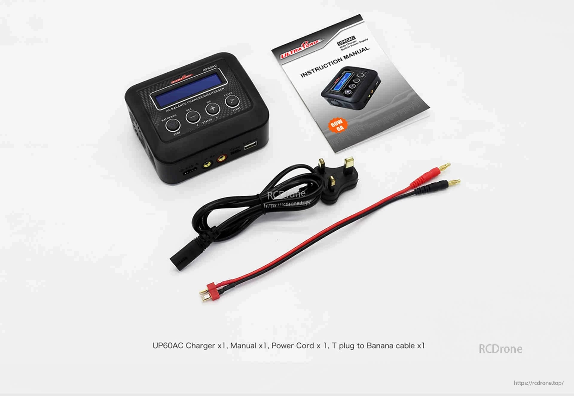Ultra Power UP60AC 60W 6A AC balance charger includes manual, power cord, and T-plug to banana cable. Features digital display and multiple control buttons for charging.