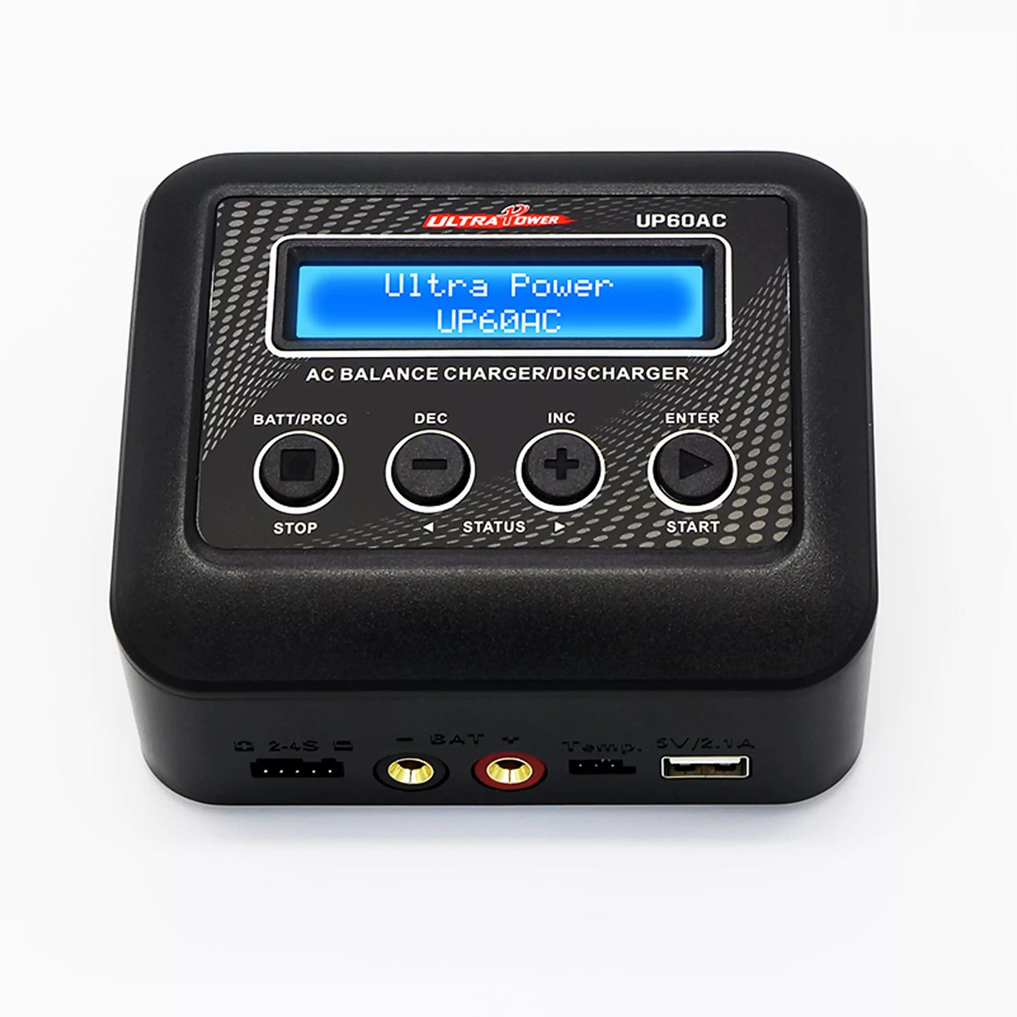 Ultra Power UP60AC 60W 6A AC Balance Charger, Ultra Power UP60AC 60W 6A AC balance charger/discharger for 2-4S lithium batteries, featuring LCD display and control buttons.
