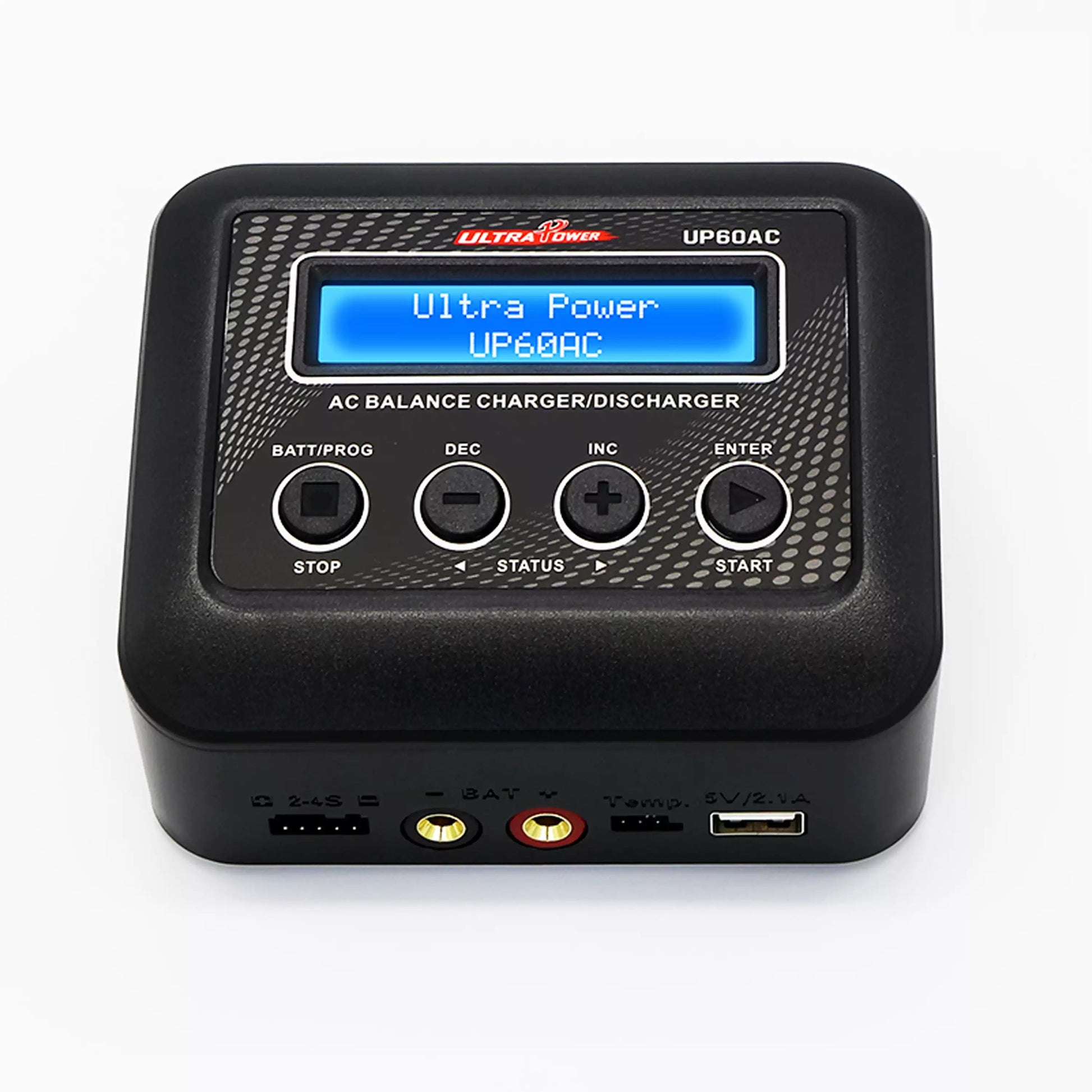 Ultra Power UP60AC 60W 6A AC Balance Charger, Ultra Power UP60AC 60W 6A AC balance charger/discharger for 2-4S lithium batteries, featuring LCD display and control buttons.