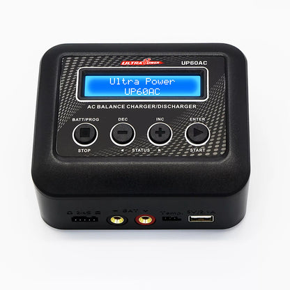 Ultra Power UP60AC 60W 6A AC Balance Charger, Ultra Power UP60AC 60W 6A AC balance charger/discharger for 2-4S lithium batteries, featuring LCD display and control buttons.