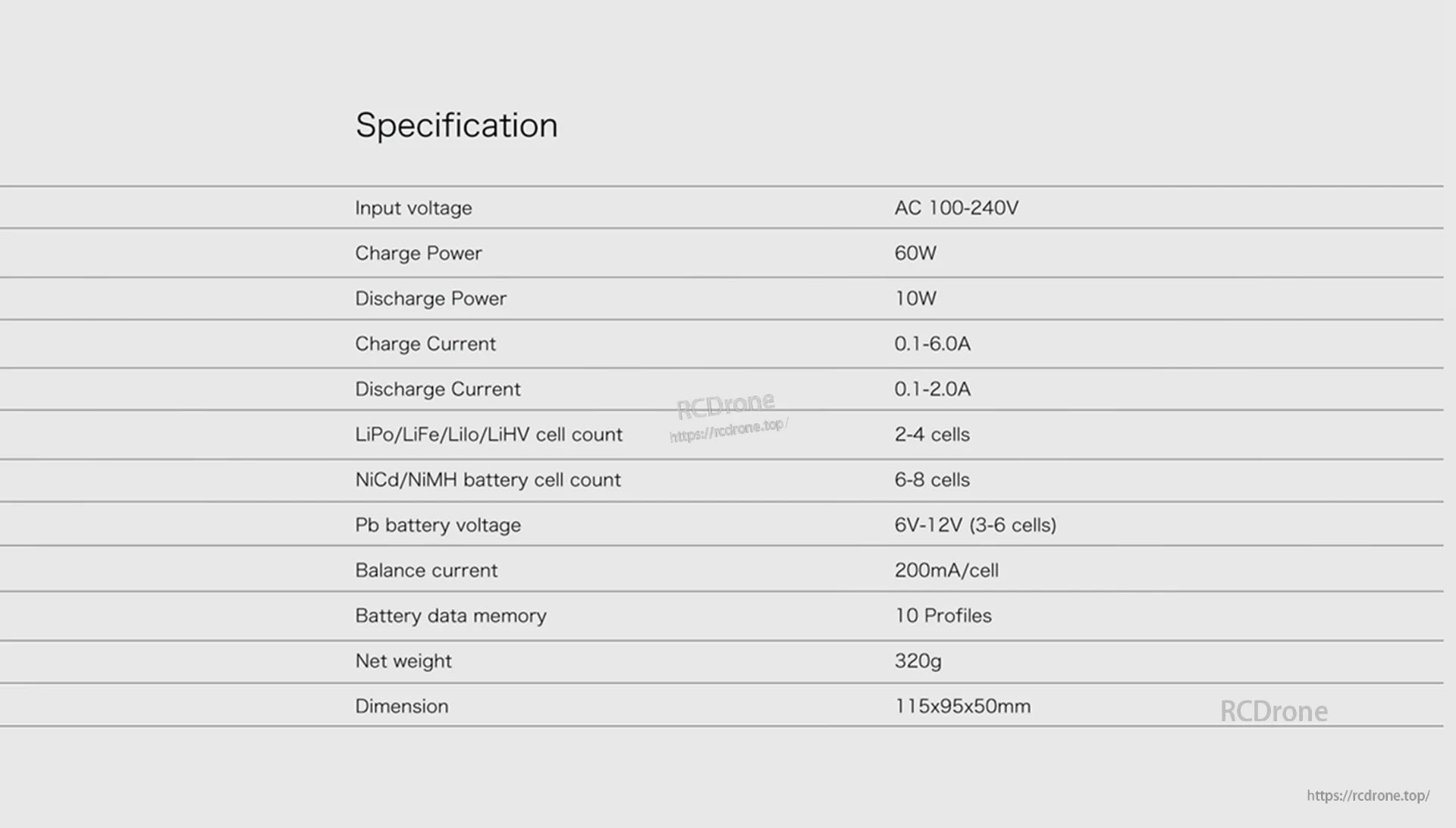 Ultra Power UP60AC 60W 6A AC Balance Charger, Ultra Power UP60AC: 60W AC charger, 2-4S LiPo/LiFe/LiHV, 6-8S NiCd/NiMH, 6-12V Pb compatible, 10 memory slots, 200mA balance, 320g, 115x95x50mm.