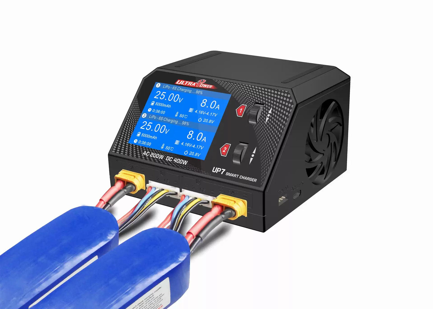 Ultra Power UP7 400W dual-channel charger for LiPo batteries, with digital display, cooling fan, multiple ports, and real-time monitoring of voltage, current, capacity, temperature, and charge status.