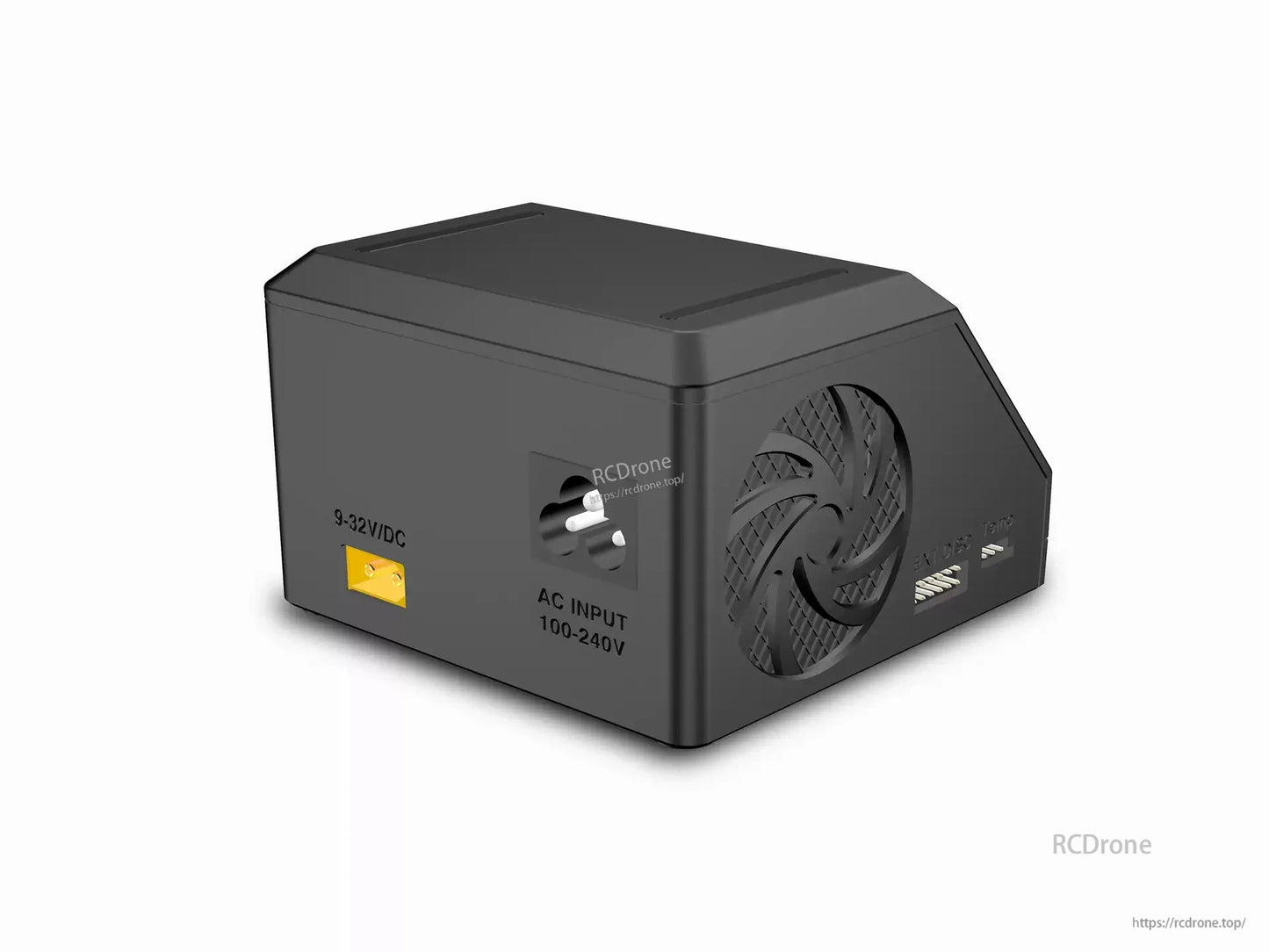 Ultra Power UP7 400W dual-channel charger; 10A output, 9-32V DC, 100-240V AC input; includes cooling fan and temperature sensor.