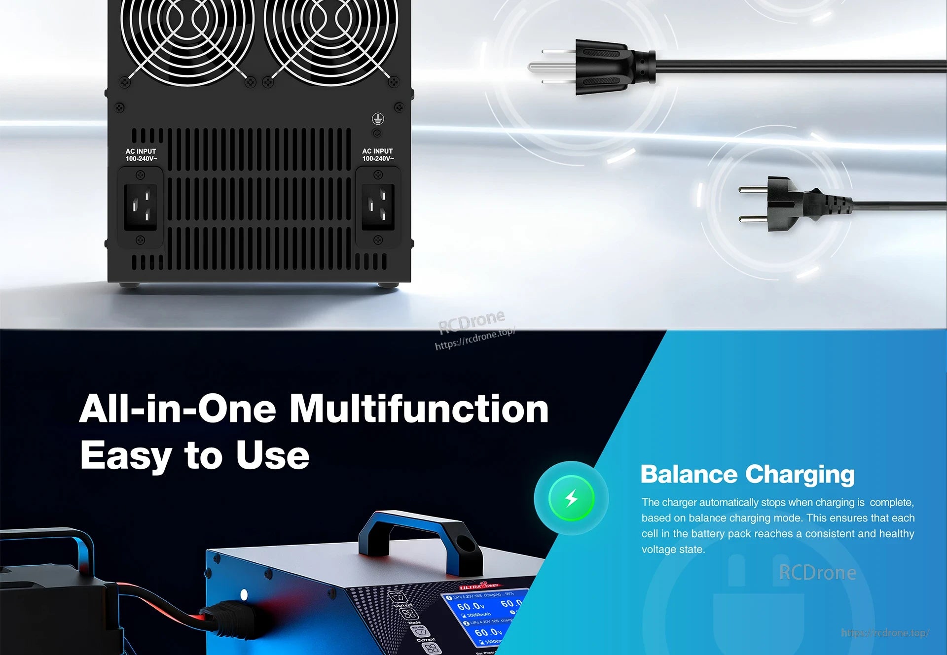 UP7500-18S Charger, All-in-one charger with balance charging, auto-stop, and 100-240V input ensures safe, consistent battery cell voltage.