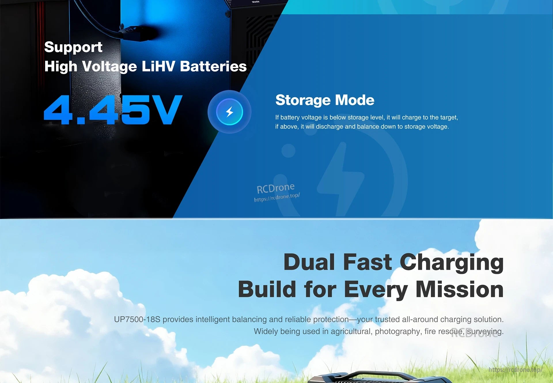 UP7500-18S Charger, High-voltage LiHV support, auto storage mode, dual fast charging, intelligent balancing, and protection ideal for agriculture, photography, fire rescue, and surveying.