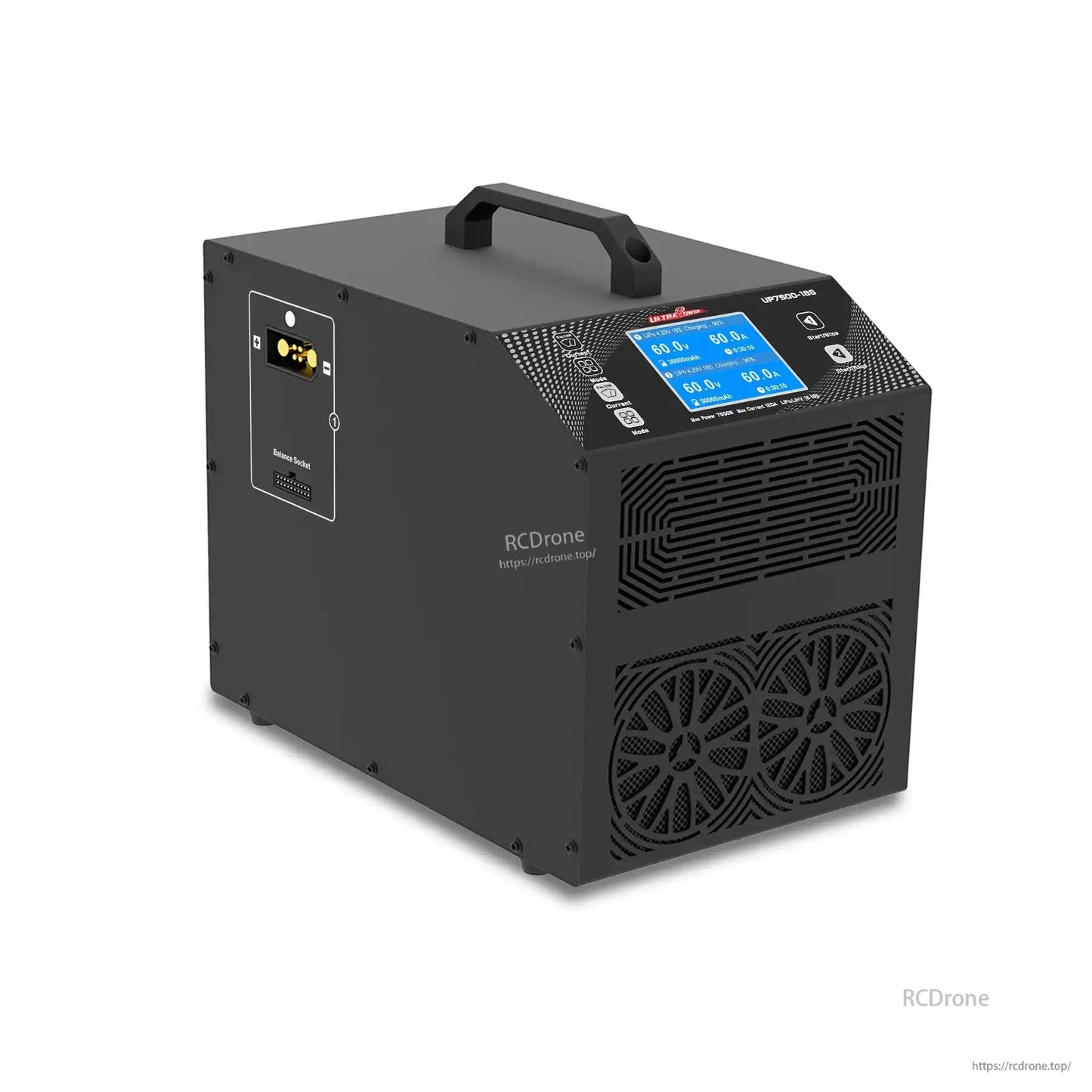 The Ultra Power UP7500-18S is a 7500W intelligent charger with digital display, dual fans, multiple battery support, balance socket, and durable design for efficient, safe high-performance charging.