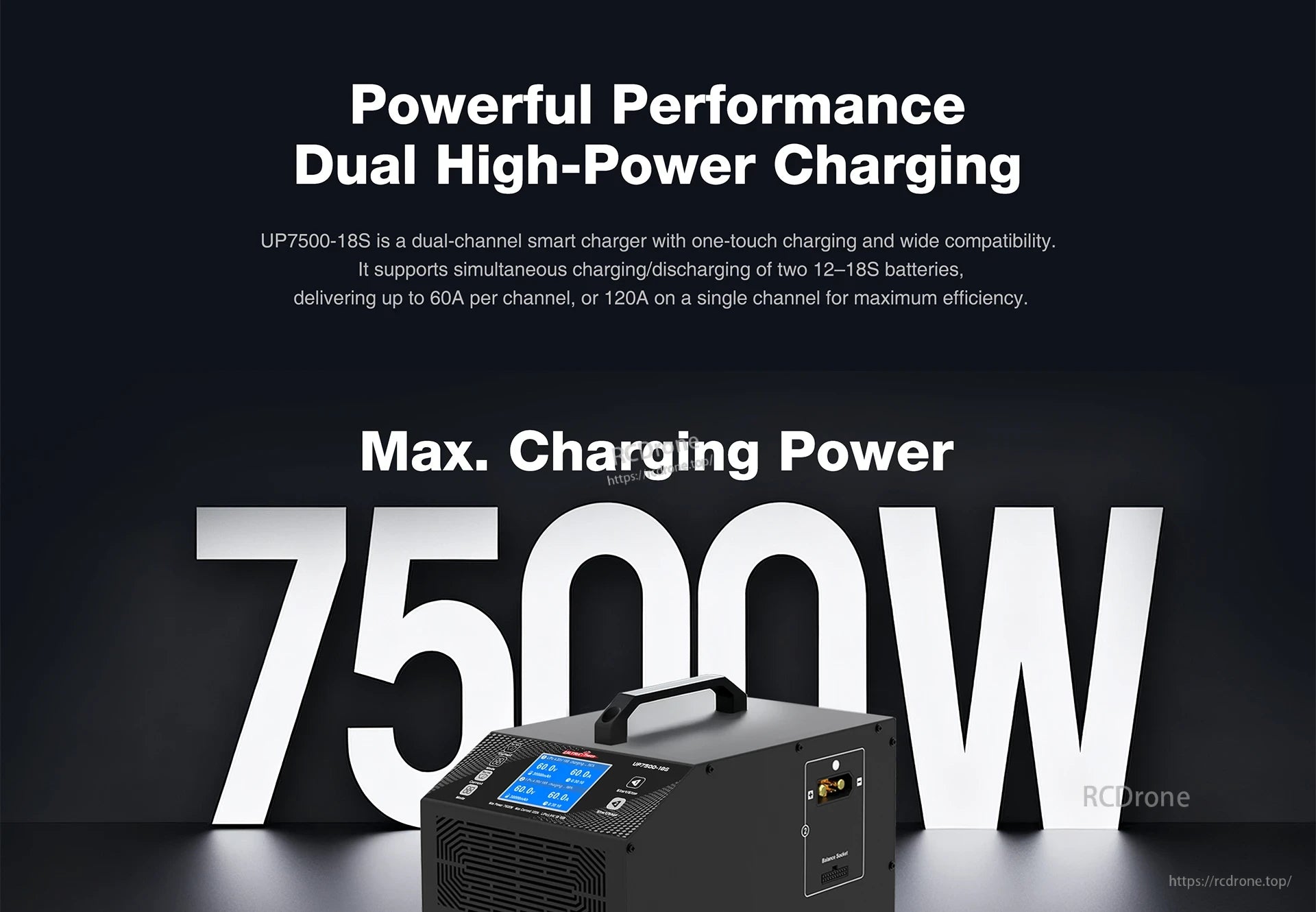UP7500-18S Charger, UP7500-18S is a 7500W dual-channel smart charger with one-touch operation, supporting 12–18S batteries, 60A per channel (120A single), digital display, and multiple ports for high-power efficiency.