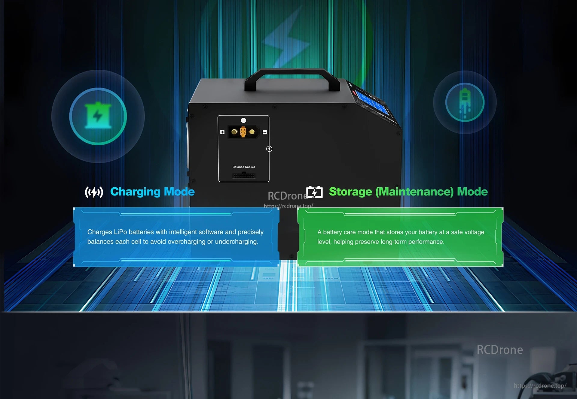 UP7500-18S Charger, Intelligent LiPo charging with cell balancing; stores battery at optimal voltage for long-term performance and safety.