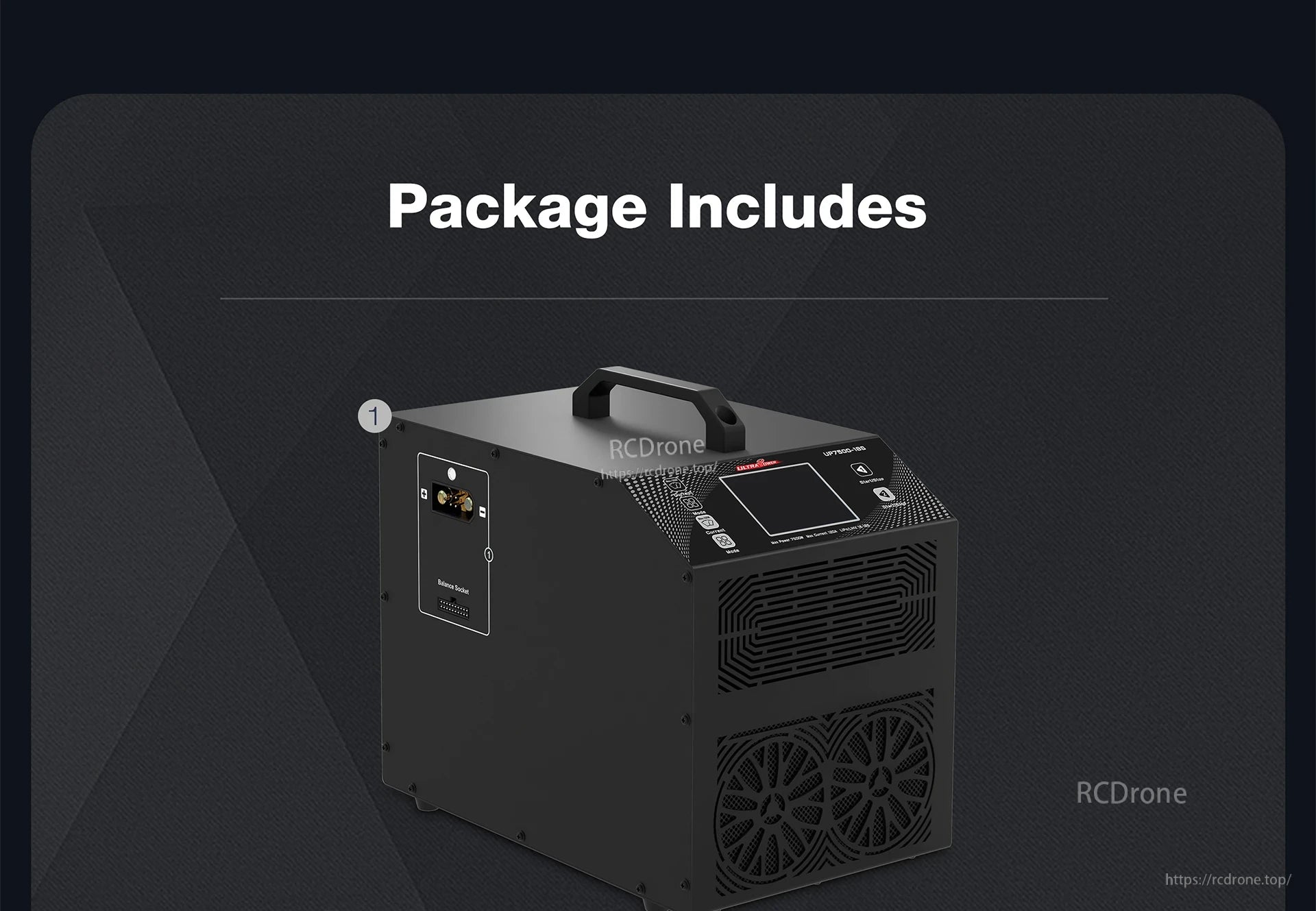 UP7500-18S Charger with digital display, cooling fans, and balance socket.