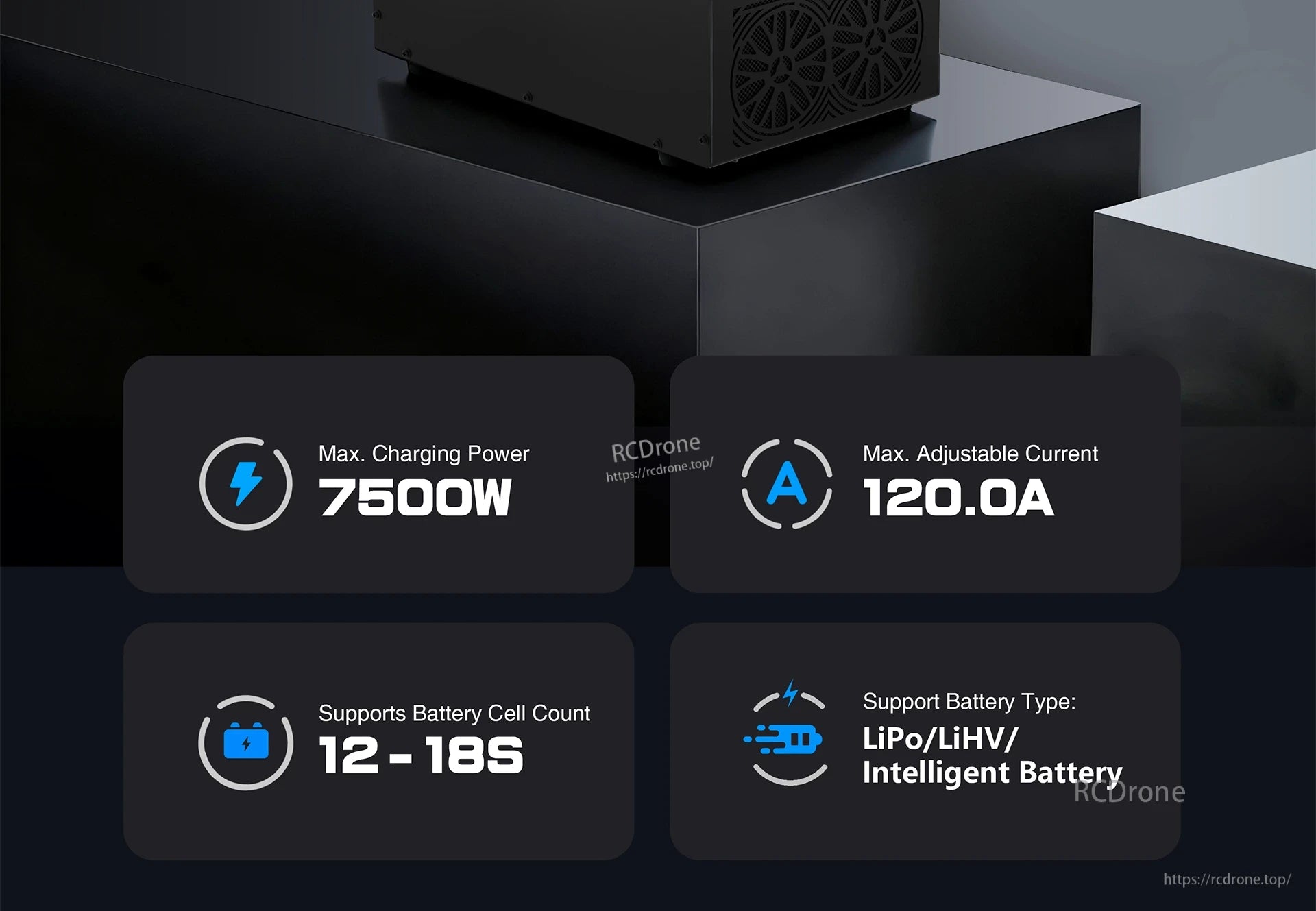 UP7500-18S Charger, Up to 7500W charging power, 120.0A adjustable current, compatible with 12–18S LiPo/LiHV and smart batteries.