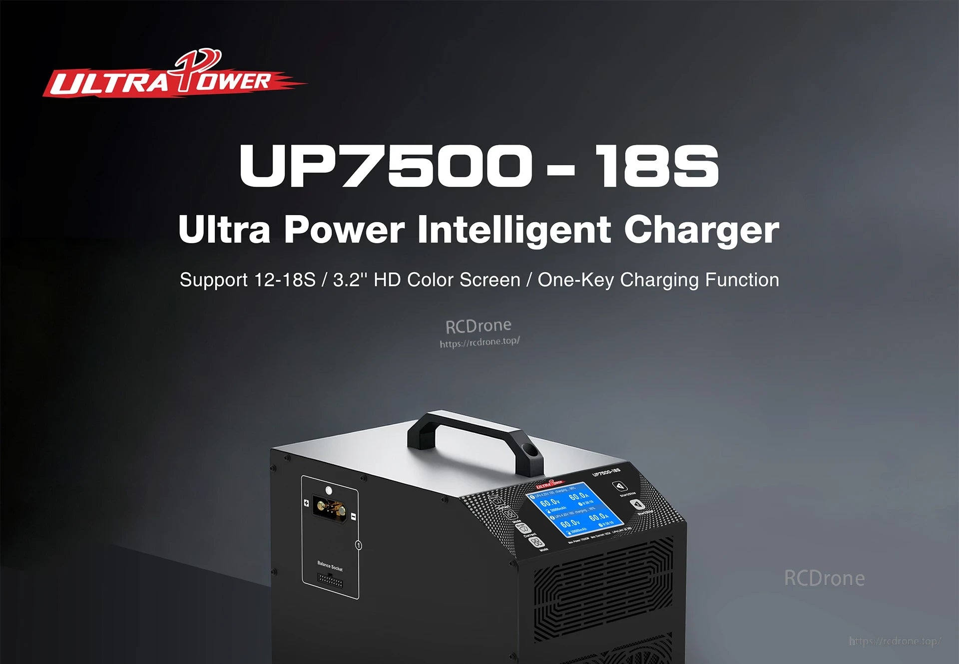 UP7500-18S Charger, Ultra Power 12-18S intelligent charger features a 3.2" HD screen, one-key operation, balance socket, voltage display, and portable design with handle for easy, efficient charging.