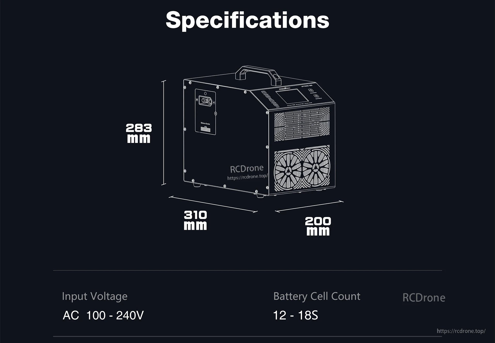 UP7500-18S Charger: 310×200×283 mm, 100-240V AC input, supports 12-18S batteries, features dual fans and digital display.