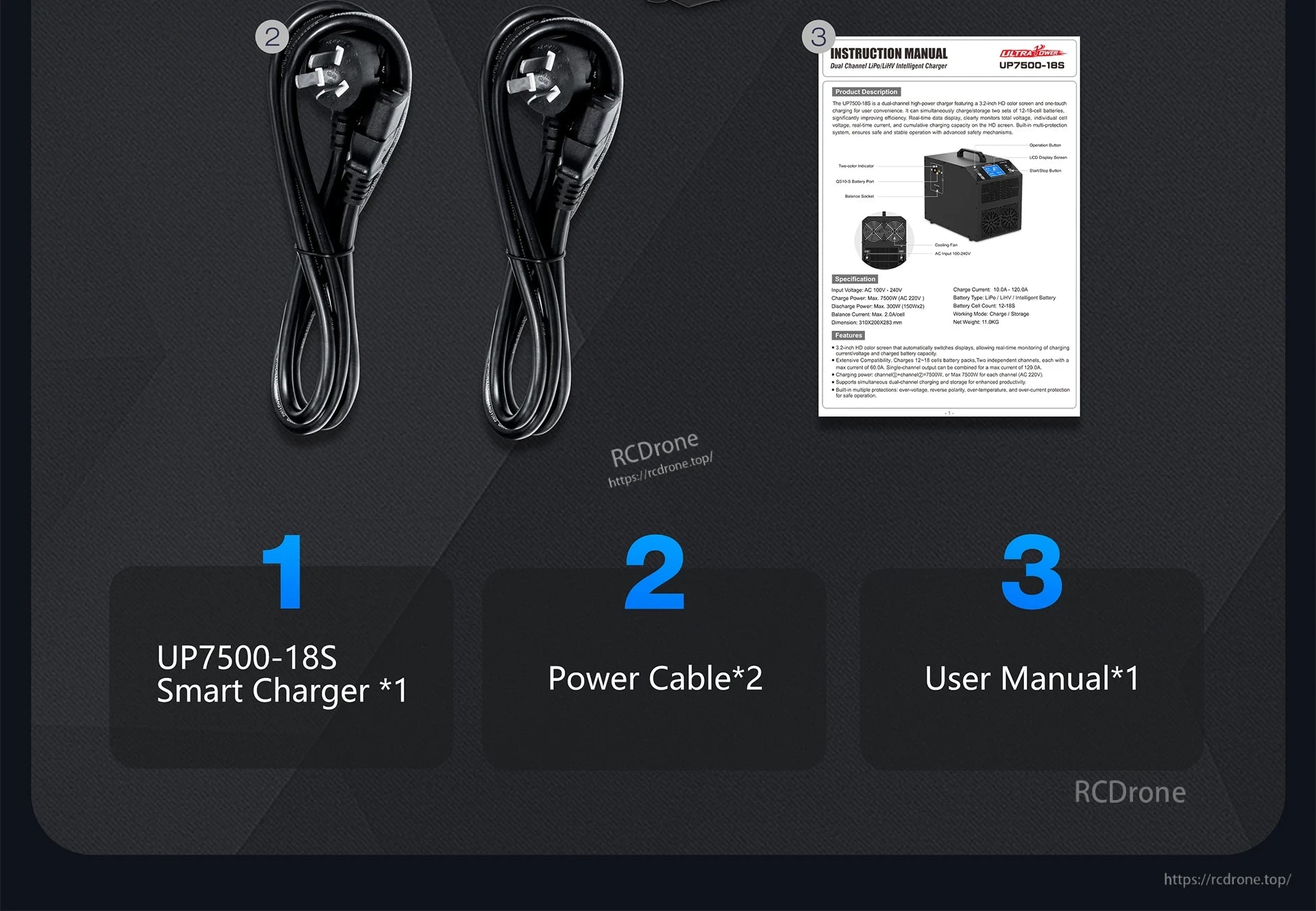UP7500-18S Charger, UP7500-18S dual-channel smart charger features a 3.2-inch HD screen, supports LiPo/LiHV, includes cables and manual, with real-time monitoring, over-voltage, and multi-protection for safety.