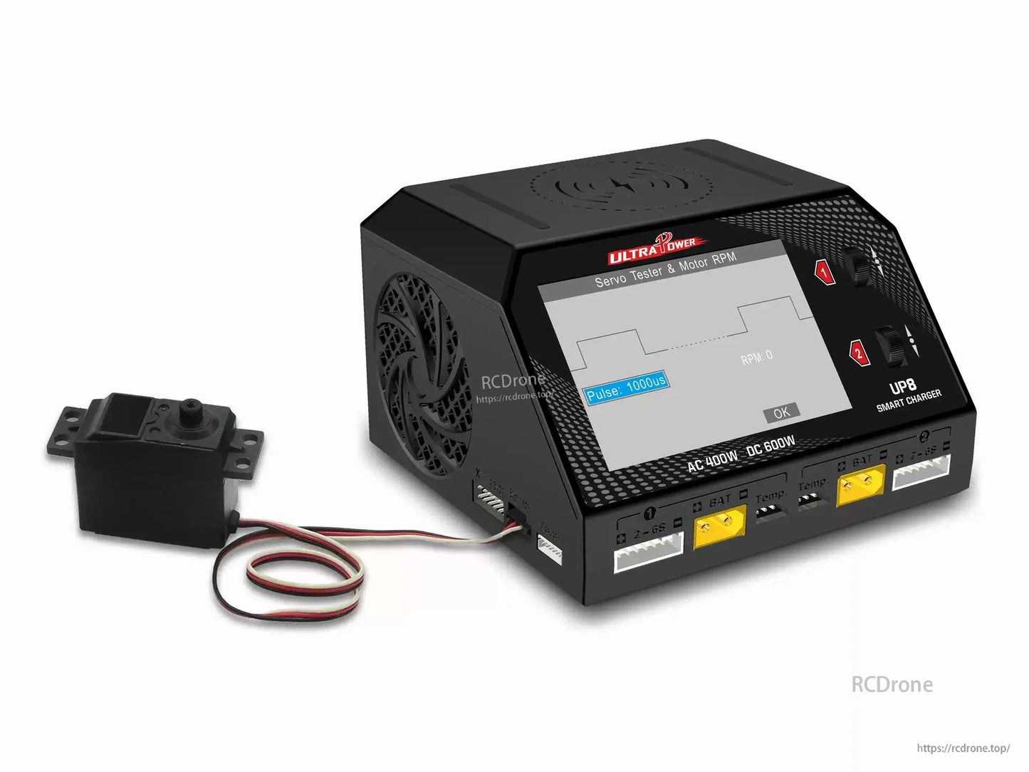Ultra Power UP8 600W dual-channel charger offers AC 400W, DC 600W, servo testing, motor RPM display, temp sensors, battery ports, and pulse settings.