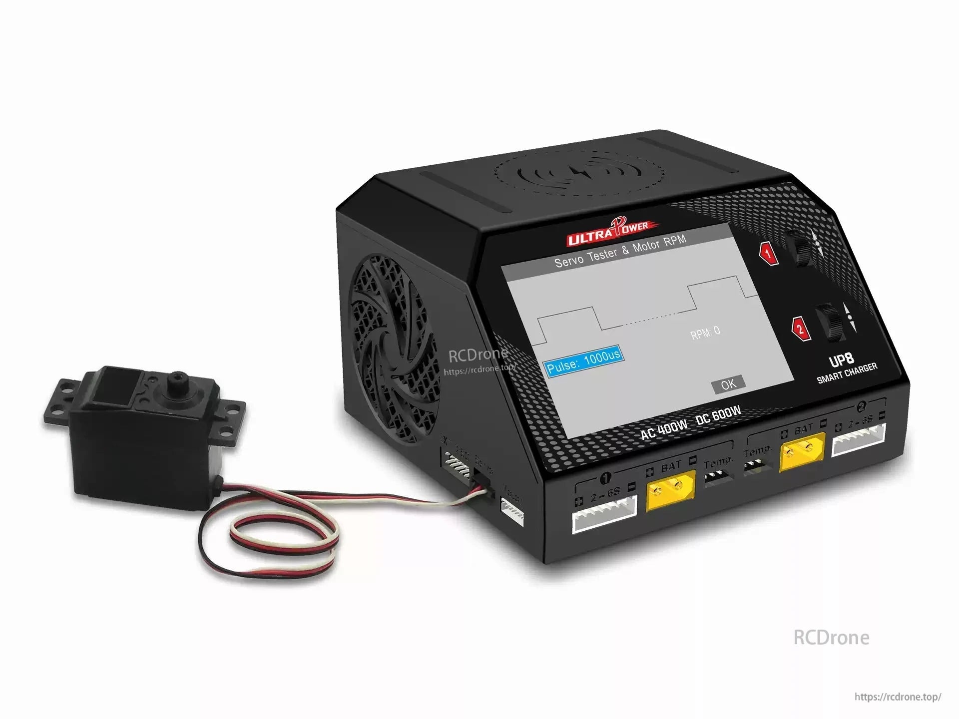 Ultra Power UP8 600W dual-channel charger offers AC 400W, DC 600W, servo testing, motor RPM display, temp sensors, battery ports, and pulse settings.