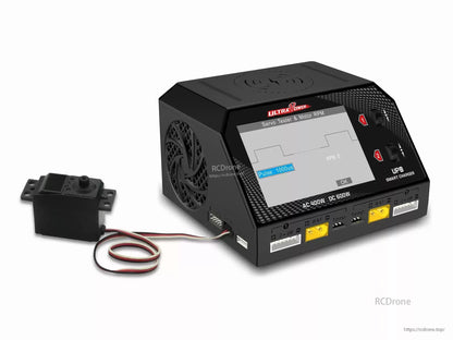Ultra Power UP8 600W dual-channel charger offers AC 400W, DC 600W, servo testing, motor RPM display, temp sensors, battery ports, and pulse settings.