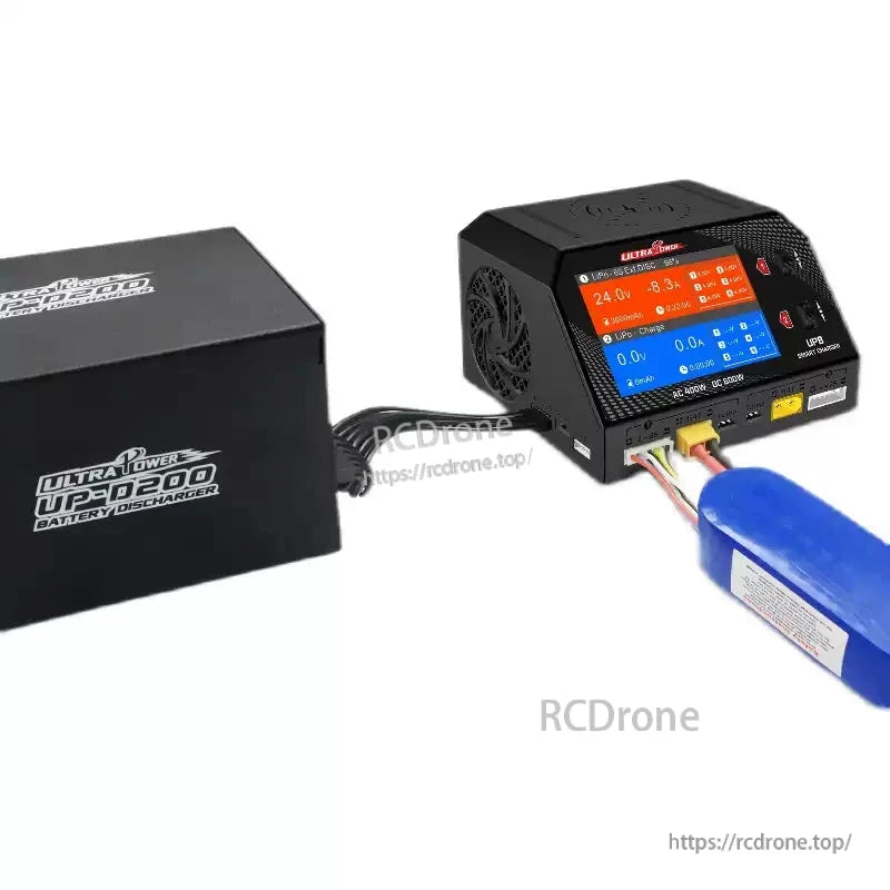 Ultra Power UP-D200: 600W dual-channel battery discharger with digital display, fan cooling, multiple ports, supports connected packs, handles 16A, AC/DC input.