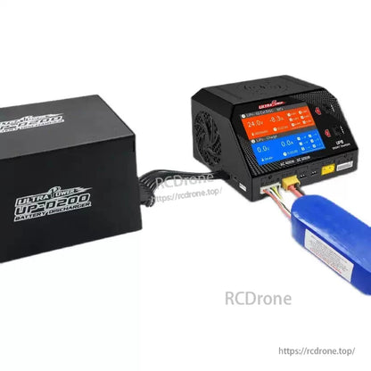 Ultra Power UP-D200: 600W dual-channel battery discharger with digital display, fan cooling, multiple ports, supports connected packs, handles 16A, AC/DC input.
