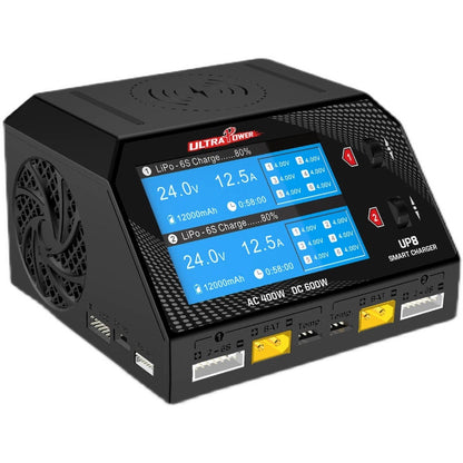 Ultra Power UP8 600W dual-channel charger with temperature monitoring, fan cooling, and multiple connectors; charges LiPo 6S at 24.0V, 12.5A, 80%, 12000mAh, 58:00 remaining.