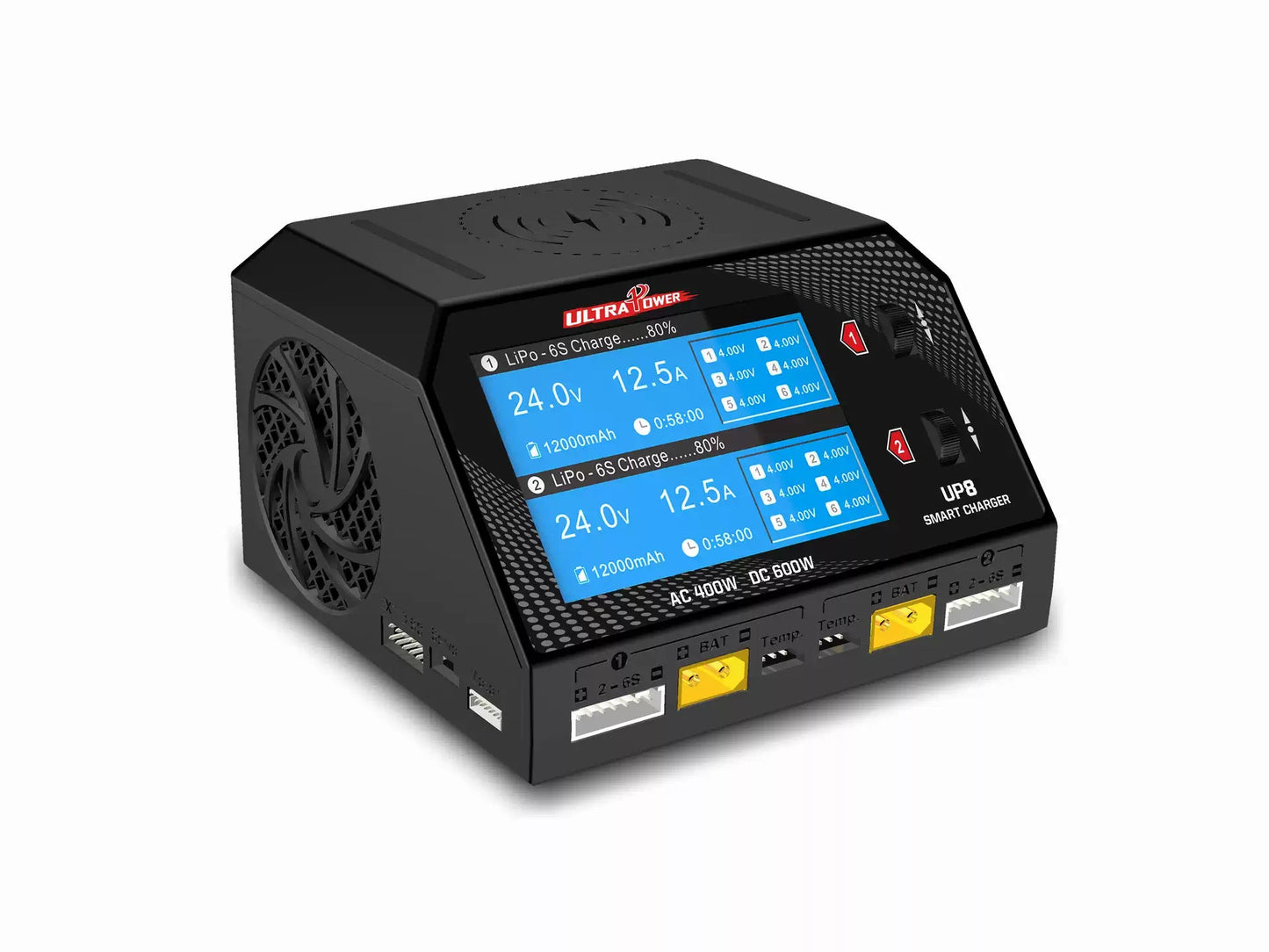 Ultra Power UP8 600W dual-channel smart charger displays LiPo 6S charging at 24.0V, 12.5A, 80% complete in 58 minutes, with temperature and battery monitoring.