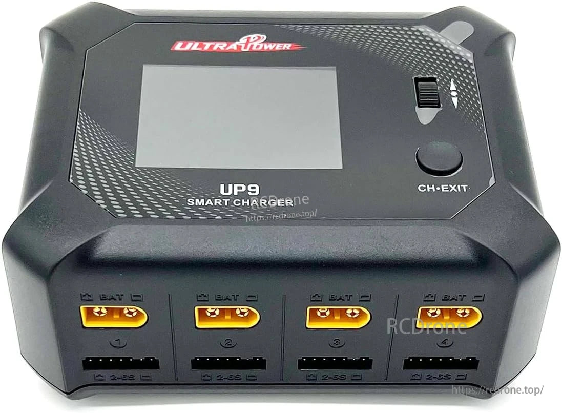 Ultra Power UP9 200W smart charger features four ports, LCD display, and balance charging for efficient, simultaneous multi-battery charging.