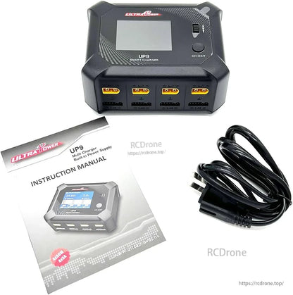 Ultra Power UP9 200W 4-channel smart charger with LCD, built-in power supply, multiple ports, manual, and cable.