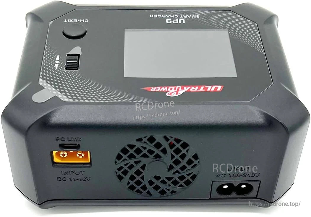 Ultra Power UP9 200W 4-channel smart charger features LCD, PC link, dual AC/DC input, and cooling fan for efficient battery balancing.