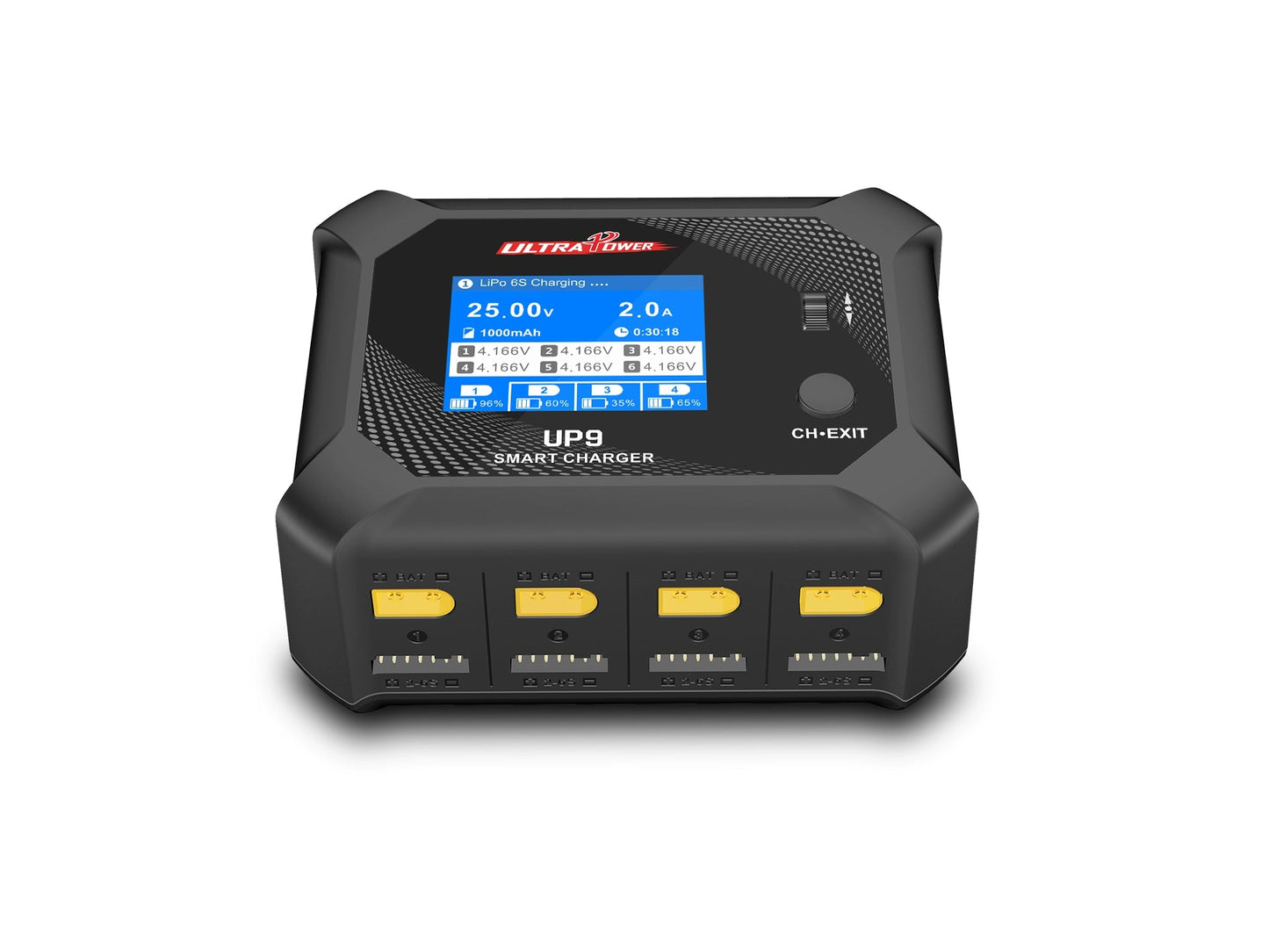 Ultra Power UP9 200W 4-channel smart charger for LiPo 6S, displays voltage, current, capacity, cell stats, and percentages; includes CH·EXIT button and four yellow ports.
