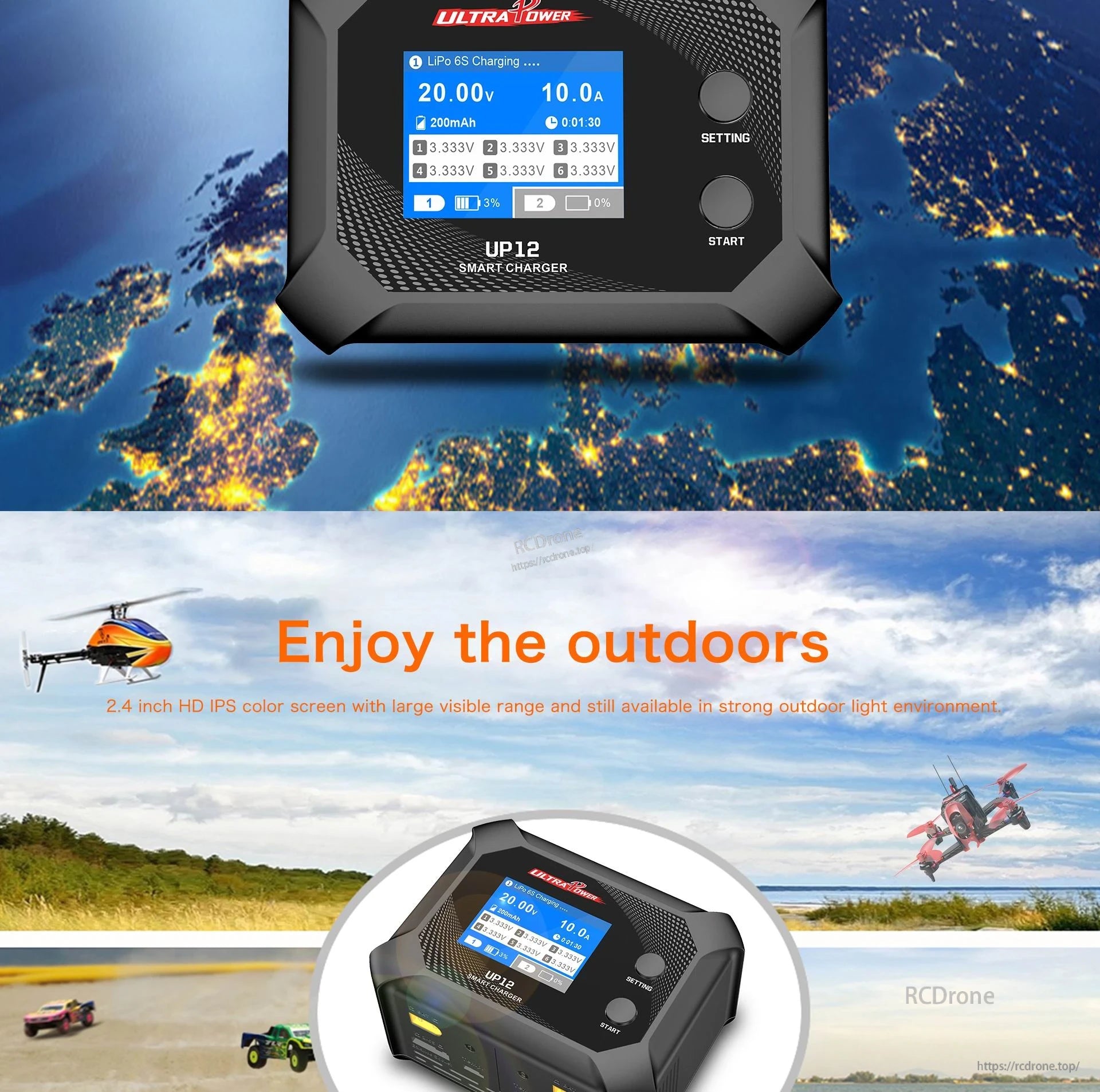 UP12 2S-6S Charger, Ultra powerful charger for 2S-6S lithium-ion batteries with smart charging and dual channels.