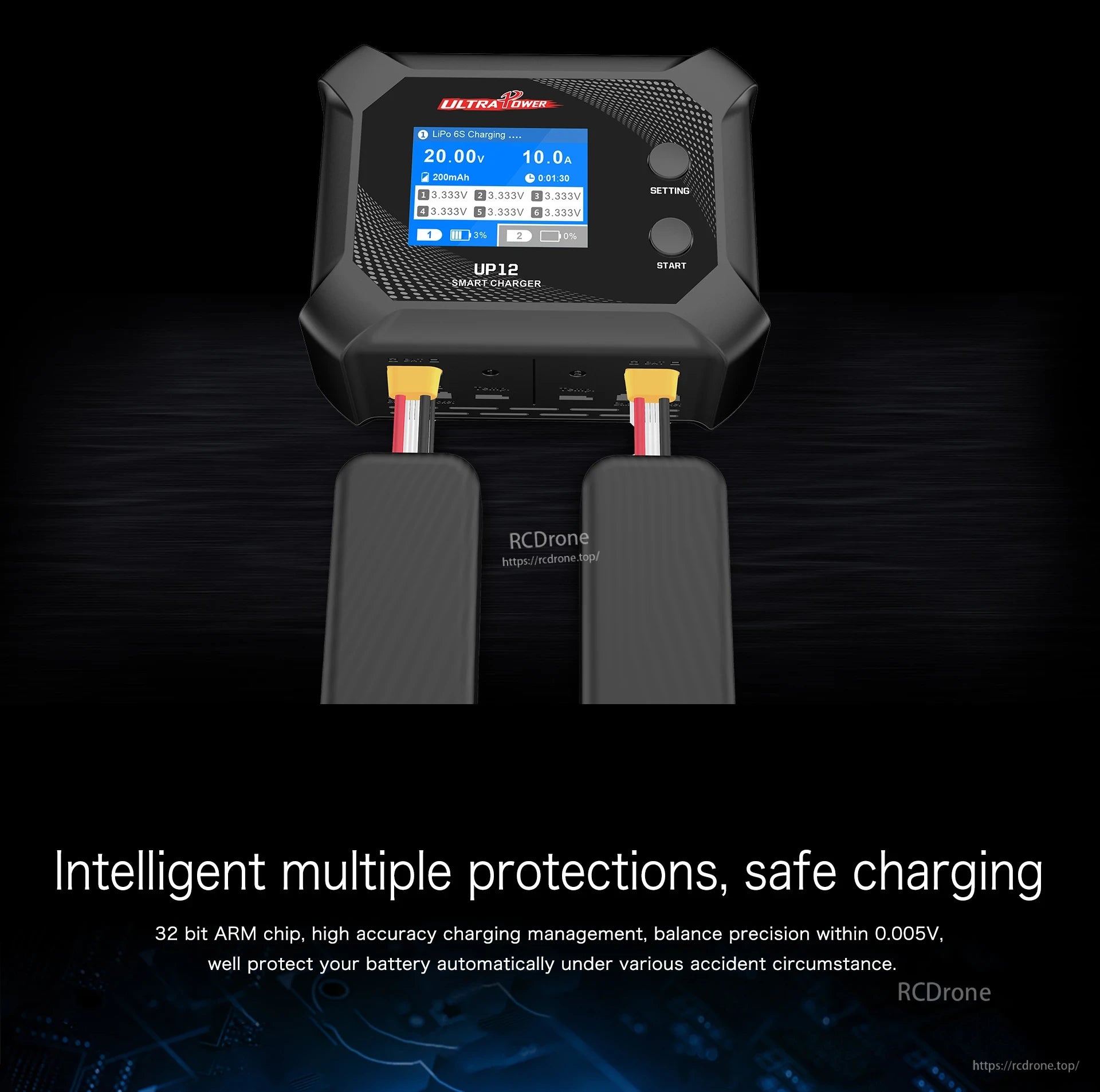 UP12 2S-6S Charger, Ultra Power UP12 charger features intelligent protections, high accuracy management for safe charging of LiPo packs with precision within 0.005V.