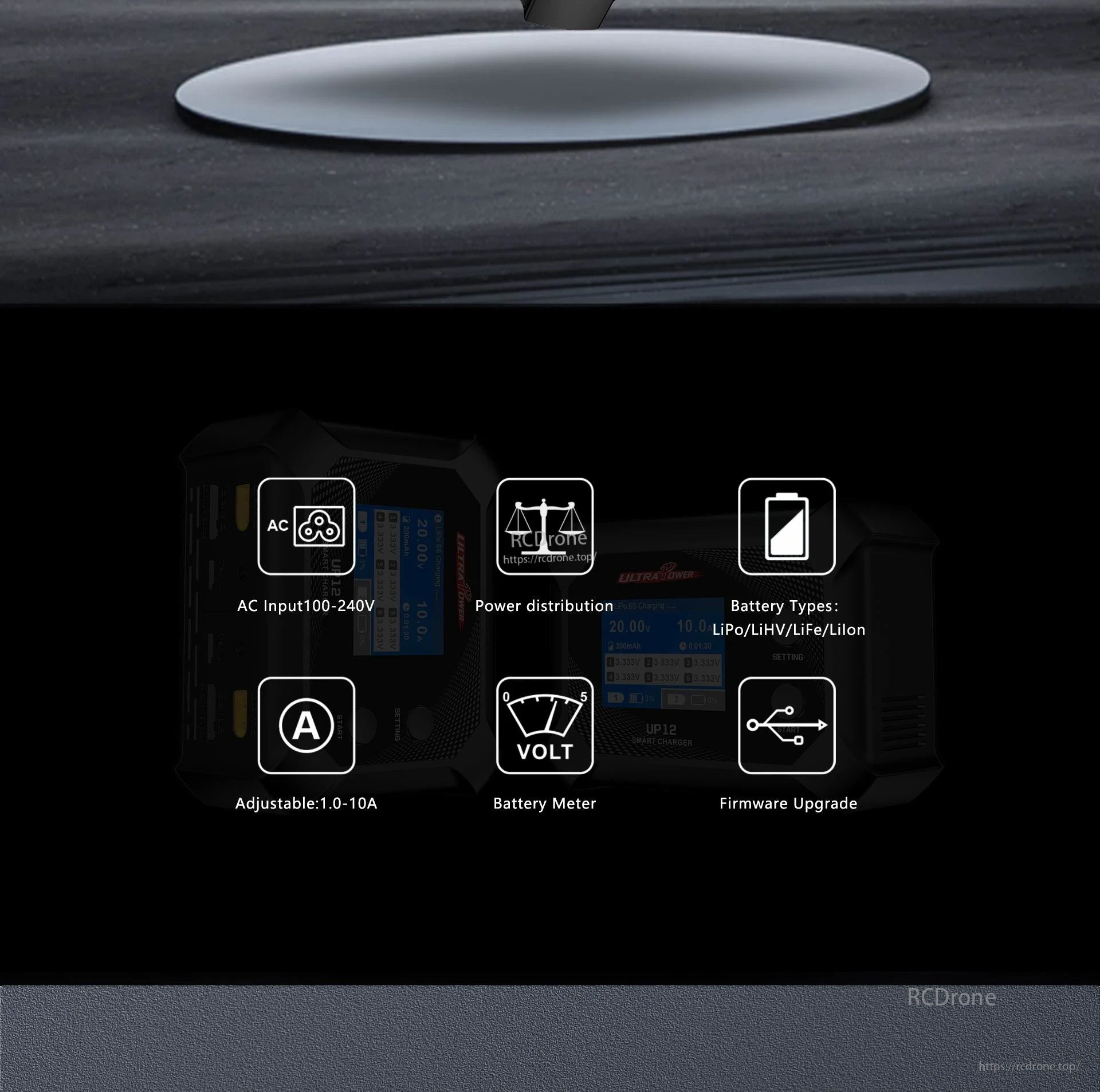 UP12 2S-6S Charger, Ultral Power UP12 charger for lithium batteries, compatible with various types, featuring adjustable voltage/current and battery meter.