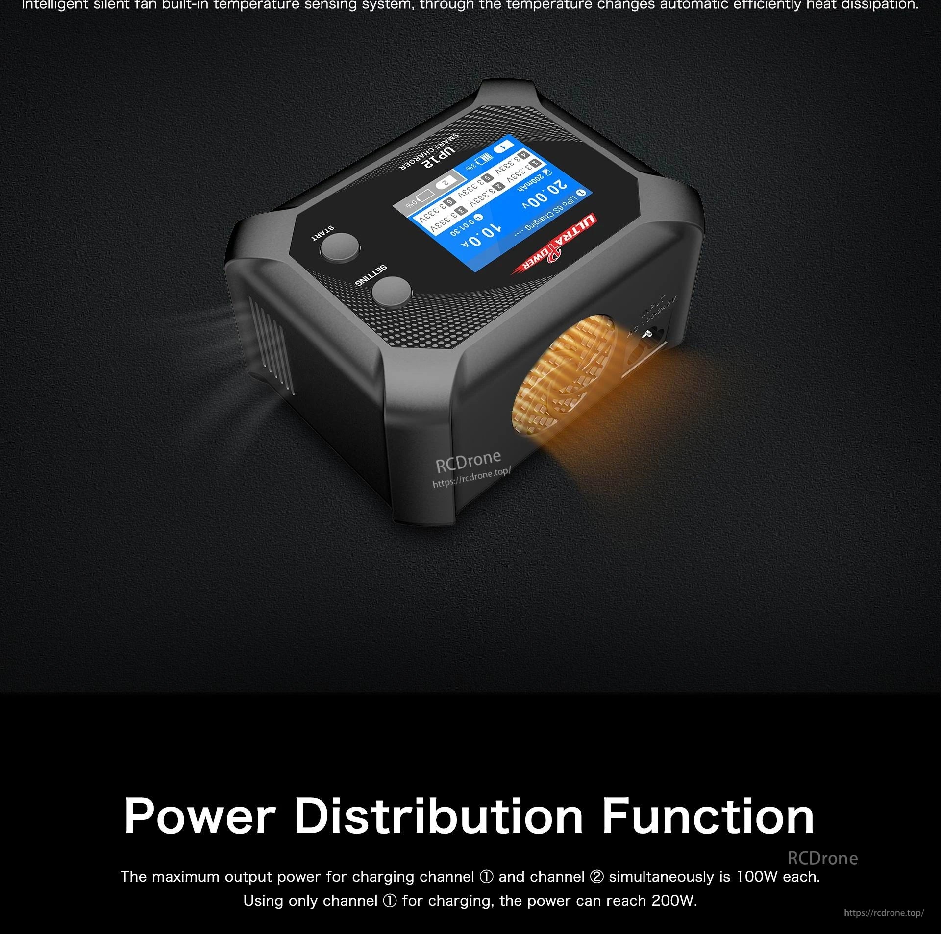 UP12 2S-6S Charger, An intelligent silent pull-in system adjusts efficiency based on temperature changes and provides up to 400W charging power for one or both channels simultaneously.