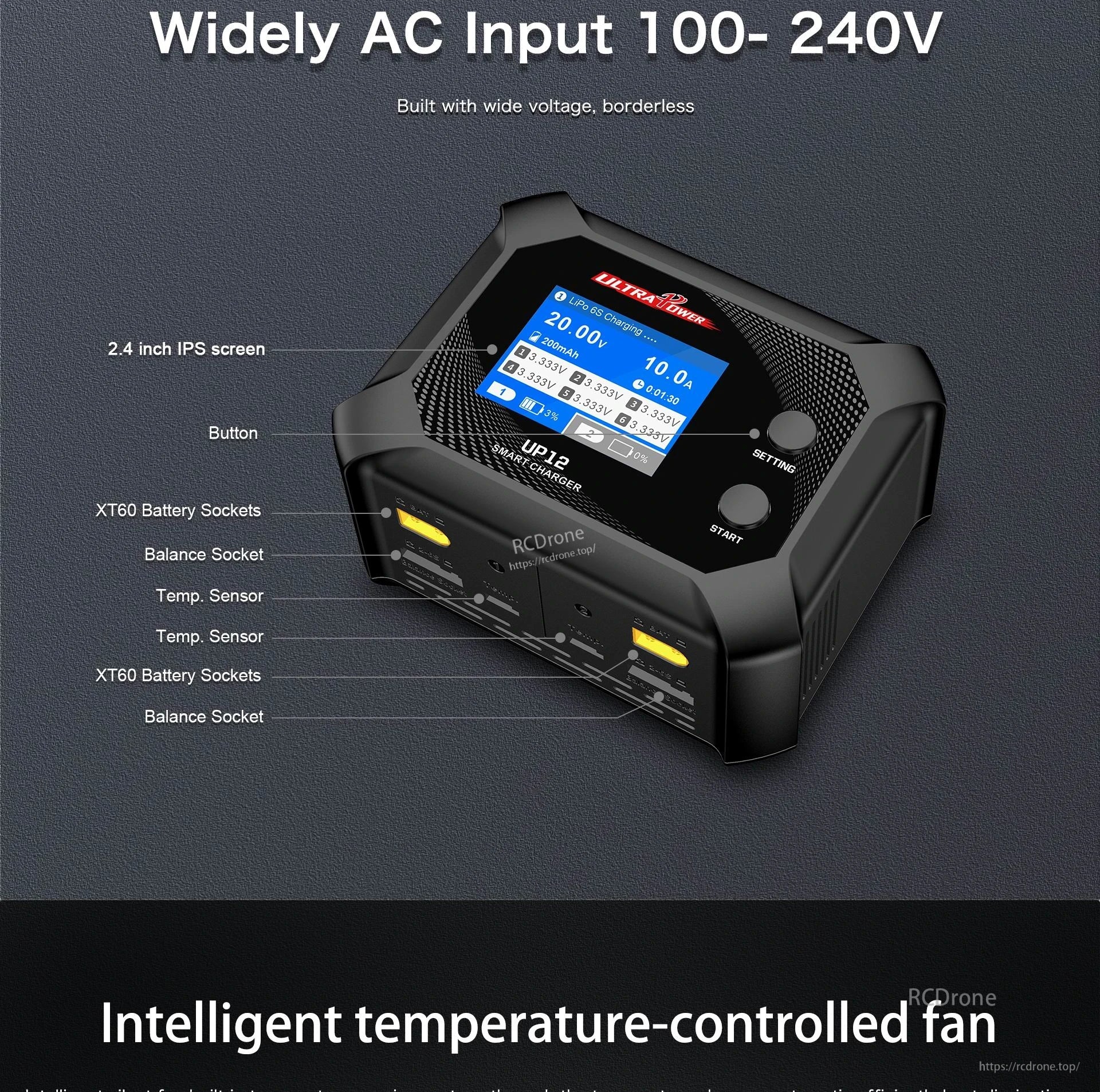 UP12 2S-6S Charger, This device has a wide input range of 100-240V and features a high-resolution screen, multiple buttons, and safety charging components.
