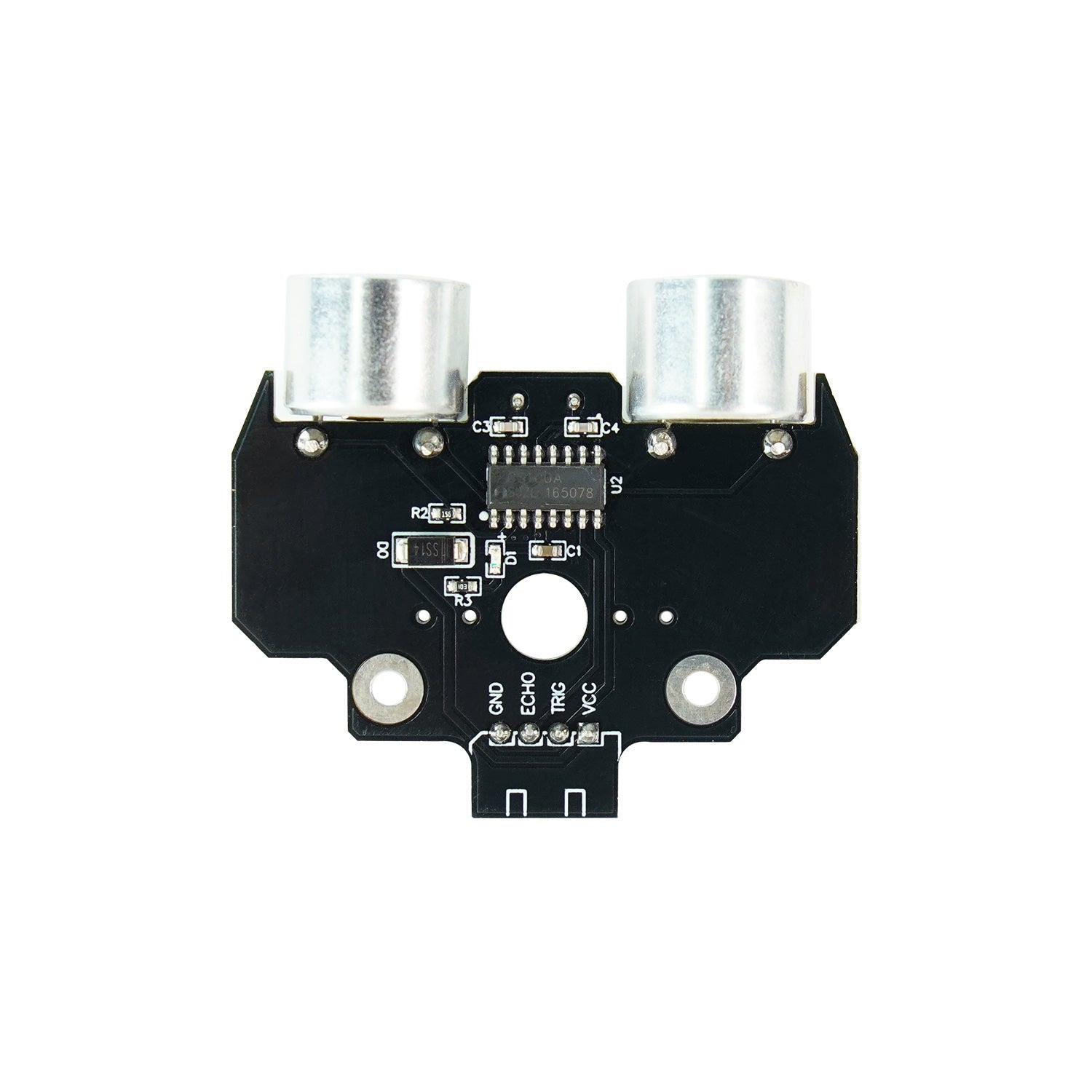Yahboom Flat Horizontal Ultrasonic Sensor front view showing PCB components and labeled 4-pin connector