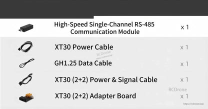 Included accessories list: RS-485 communication module, XT30 power cable, GH1.25 data cable, XT30 power/signal cable, adapter board