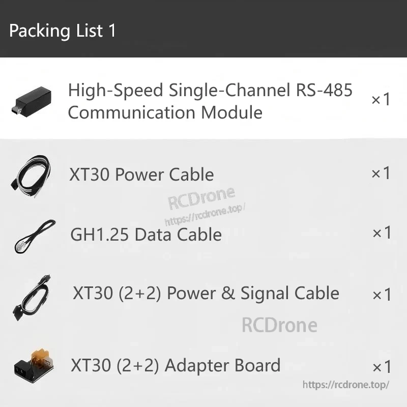 Packing list for Unitree A1 RS-485 motor module kit with RS-485 module, XT30 cables, GH1.25 cable and adapter board