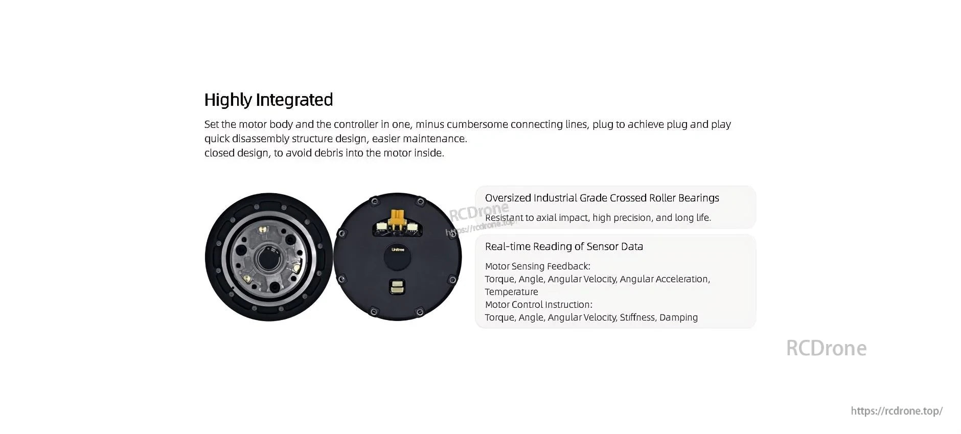 Unitree A1 integrated motor module with round housing, connector port, and notes on sensor feedback data