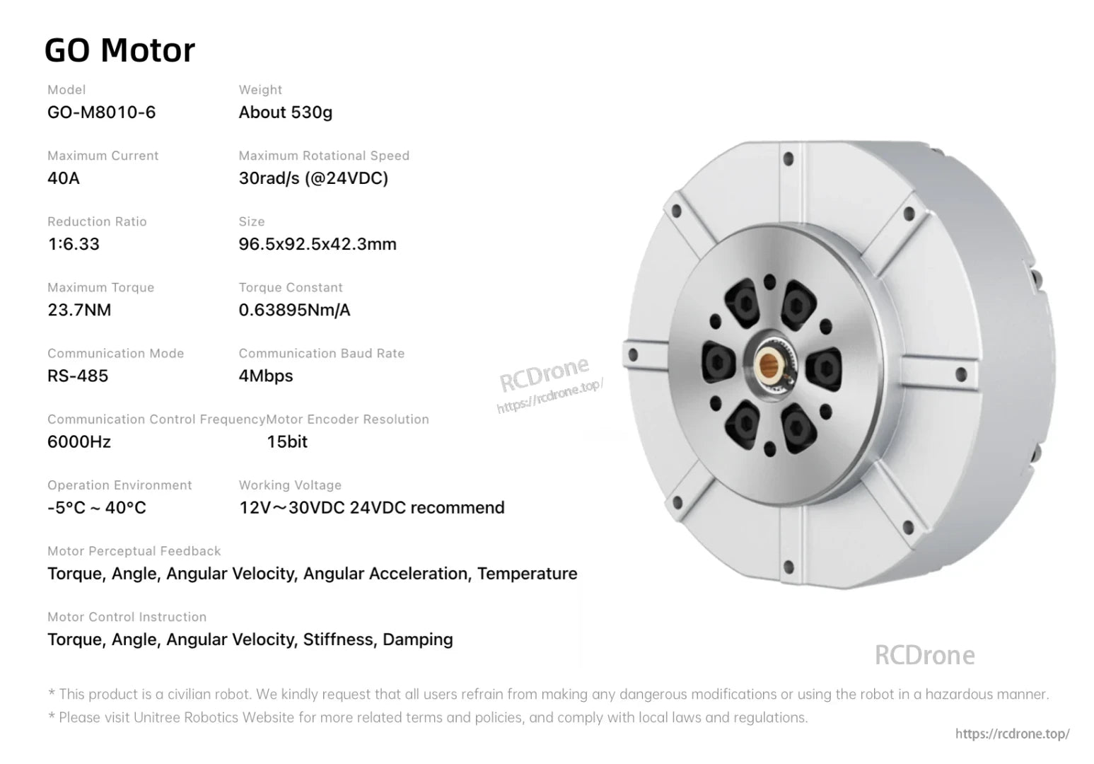 Unitree GO-M8010-6 Motor, GO Motor GO-M8010-6: 530g, 40A max current, 23.7NM torque, 1:6.33 ratio, RS-485, 15-bit encoder, feedback control, -5°C to 40°C, 12-30VDC.