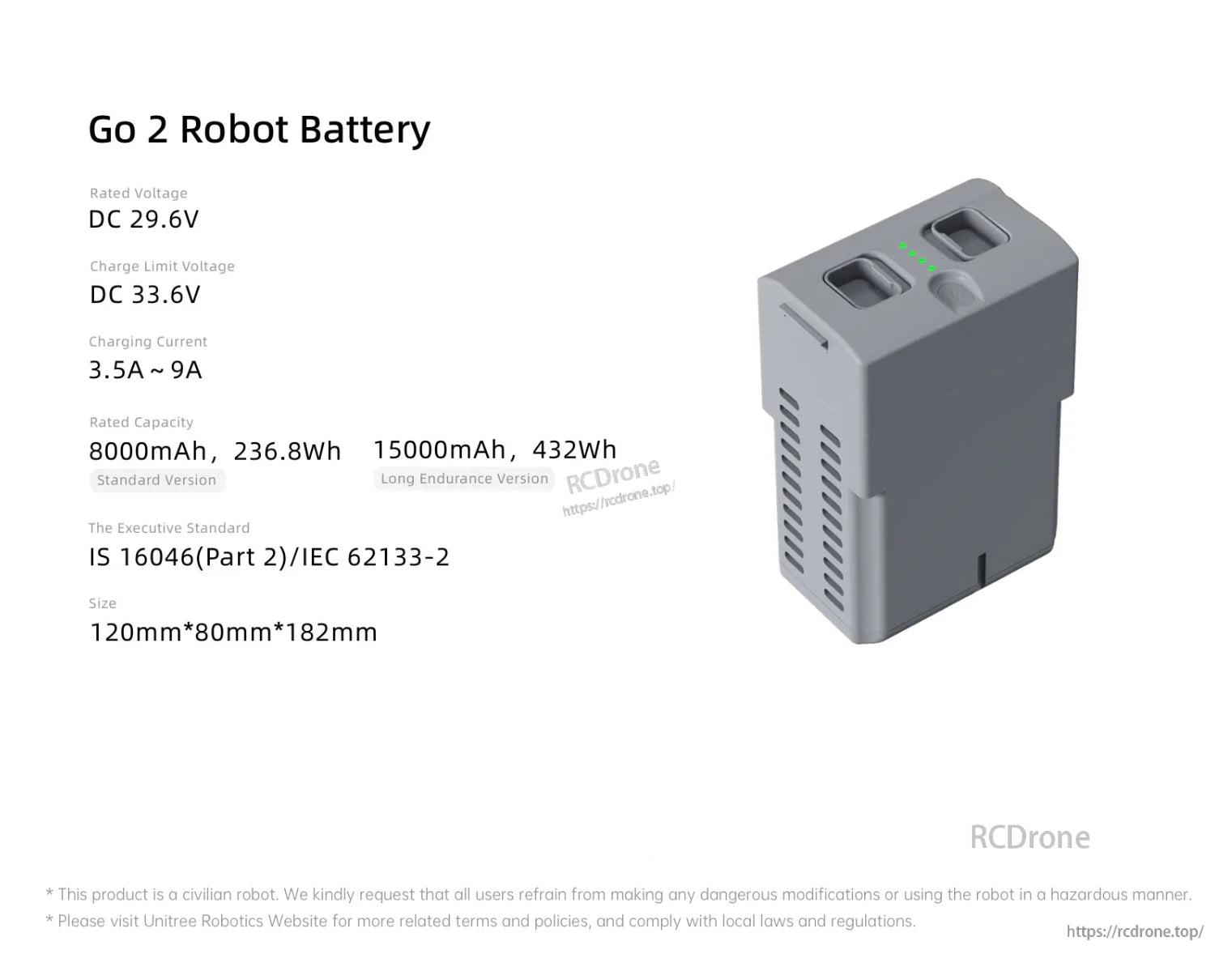 Unitree Go2 Battery, Go 2 Robot Battery: 29.6V, 8000mAh or 15000mAh options, 3.5A-9A charge current, 120x80x182mm, meets IS 16046/IEC 62133-2 standards.