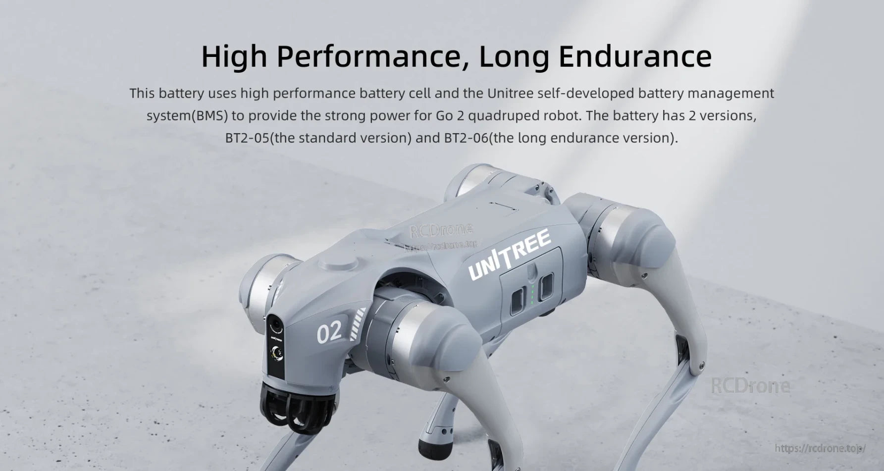 Unitree Go2 Battery, High-performance, long-endurance battery for Unitree Go2 robot; offers BT2-05 standard and BT2-06 extended versions with advanced BMS for optimized power management.