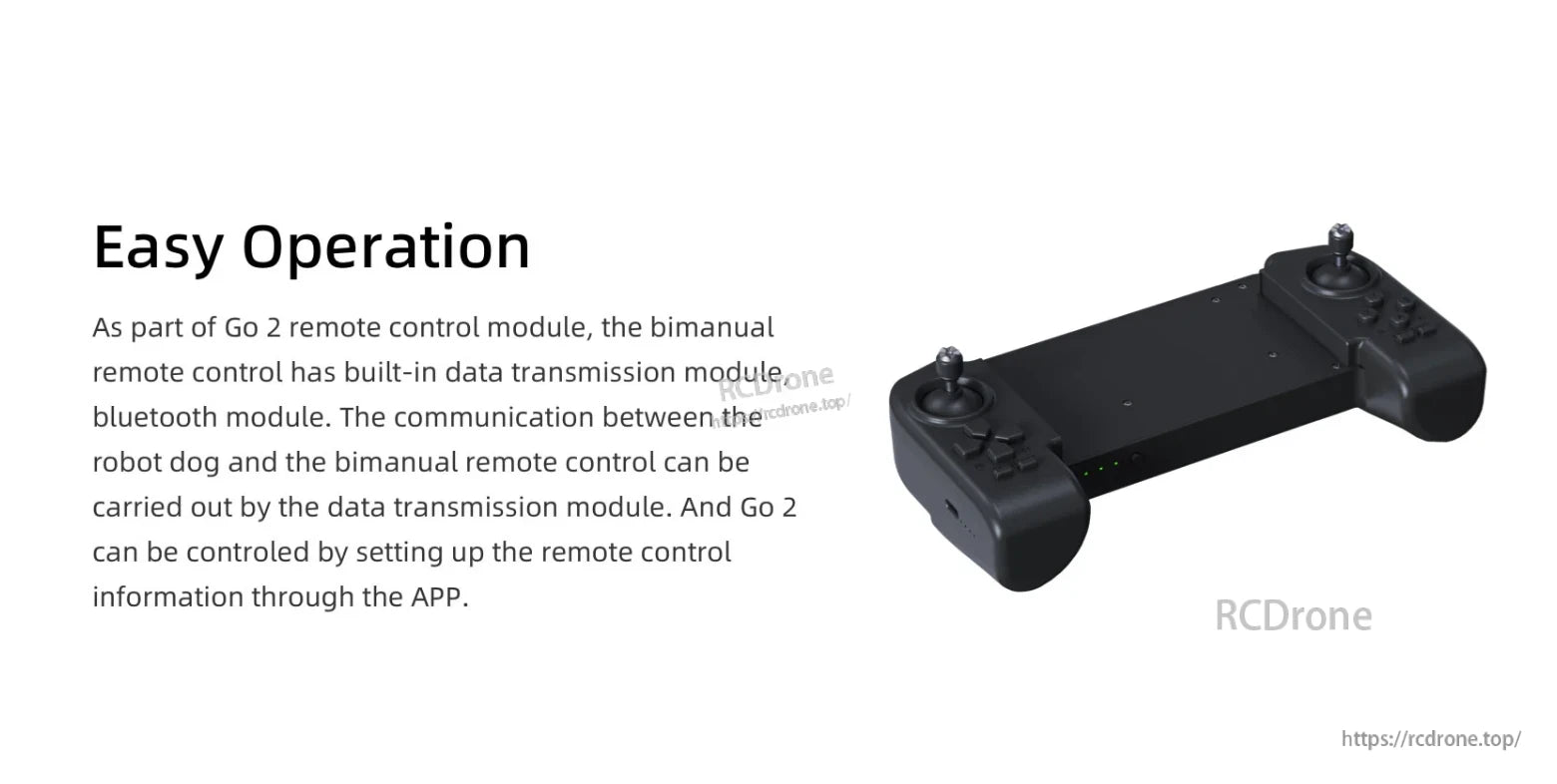 Unitree Go2 Robot Remote Controller, The bimanual remote control, with built-in data and Bluetooth, allows easy wireless operation of the Go 2 robot dog via app.