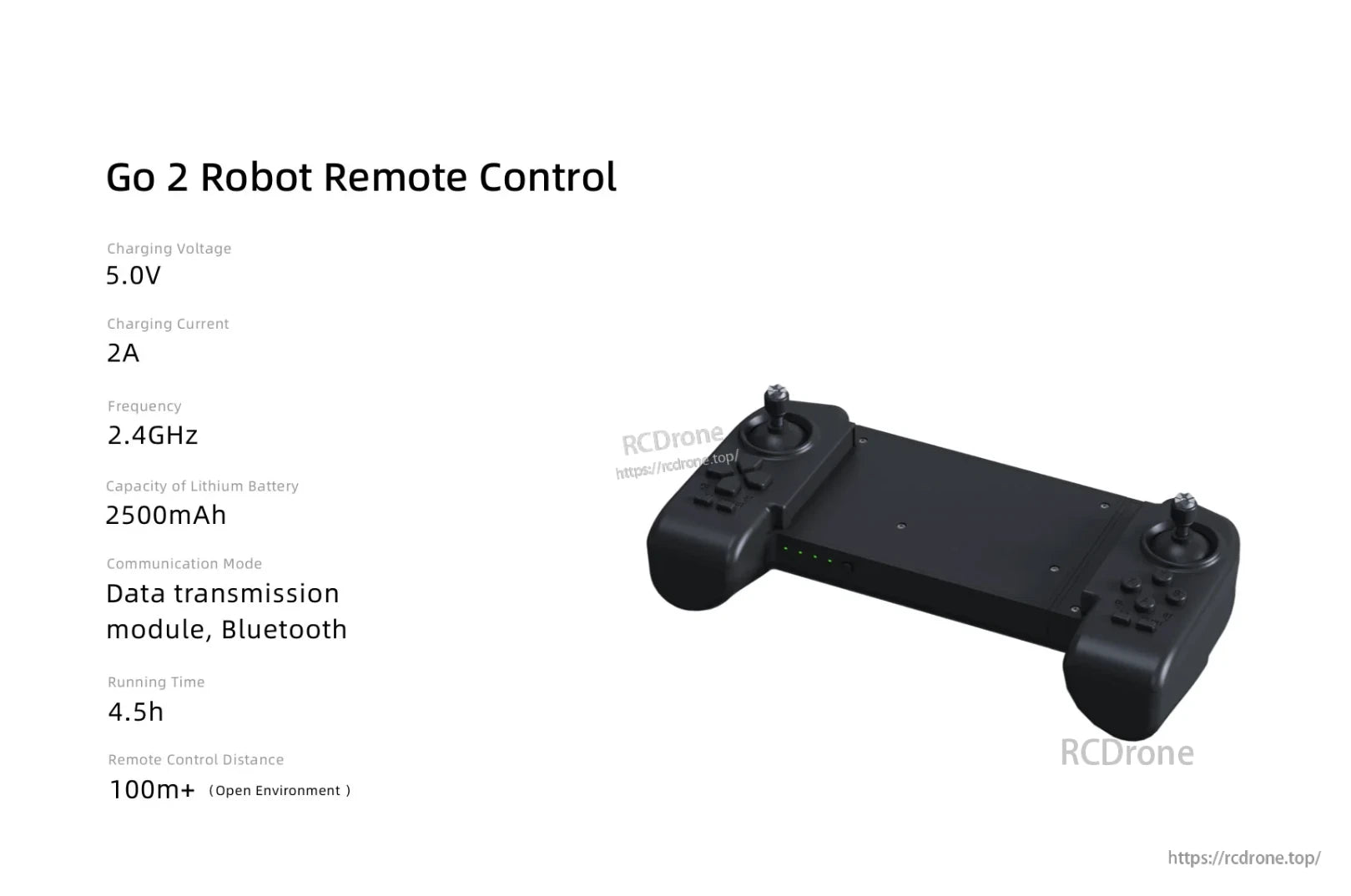 Unitree Go2 Robot Remote Controller, Go 2 Robot remote: 5.0V/2A, 2.4GHz, Bluetooth, 2500mAh battery, 4.5h runtime, 100m+ range.