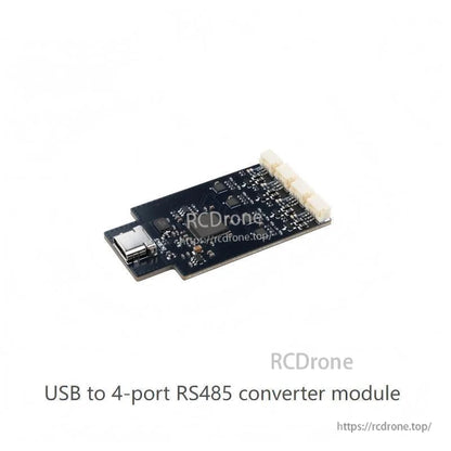 USB to 4-port RS485 converter module board, close-up showing USB connector and port headers