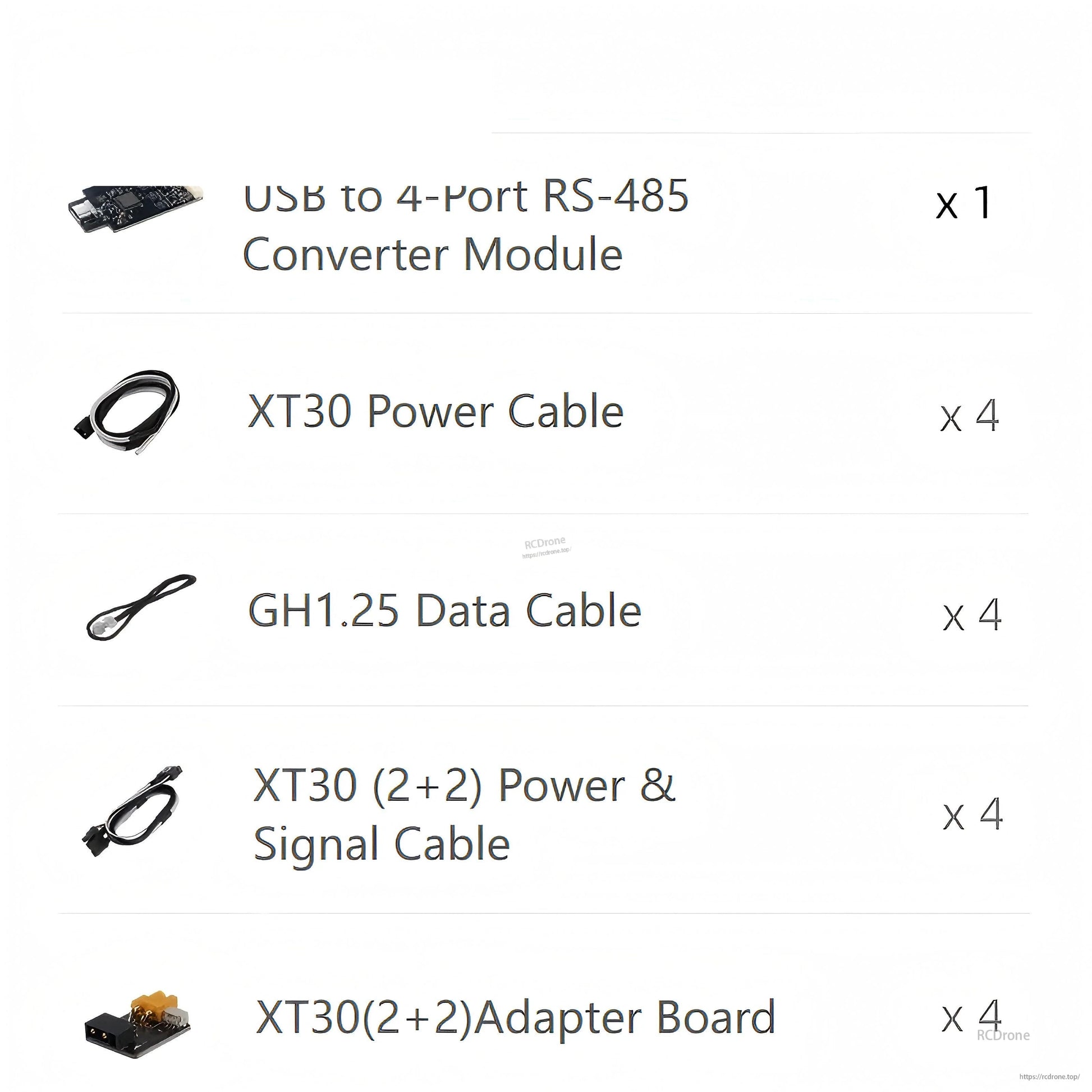 Accessory list graphic showing USB to 4-port RS-485 converter module and cable quantities