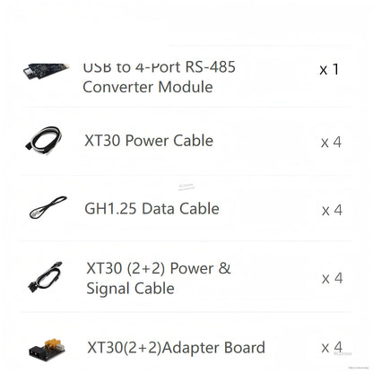 Accessory list graphic showing USB to 4-port RS-485 converter module and cable quantities