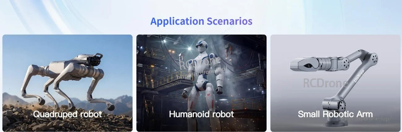 Application scenarios for IM6014 joint motor: quadruped robot, humanoid robot, and small robotic arm